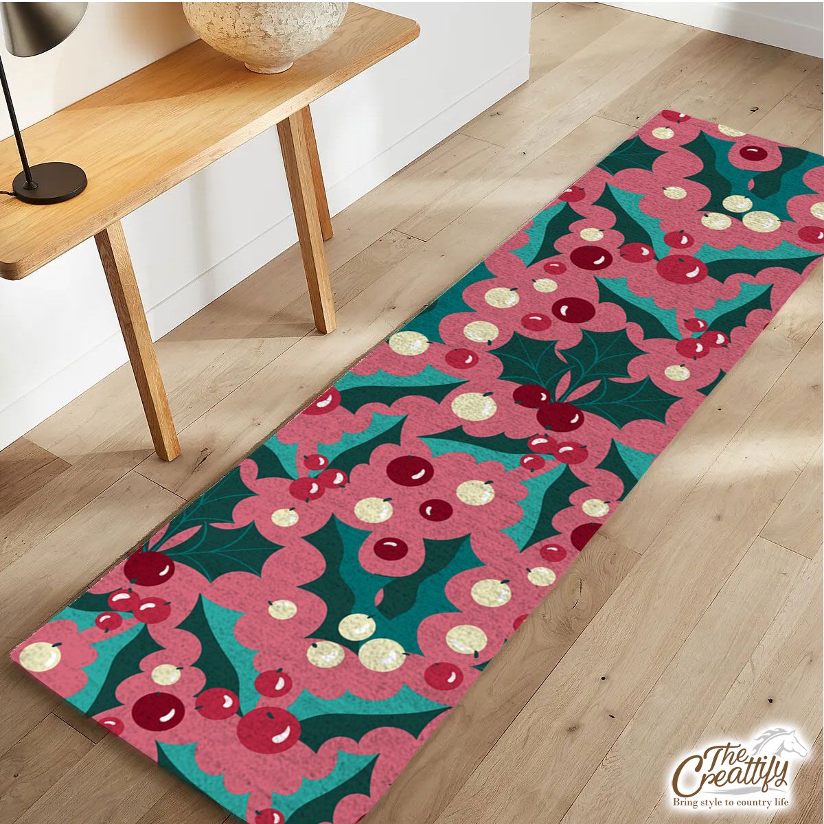 Red Green And Pink Holly Leaf Pattern Runner Carpet
