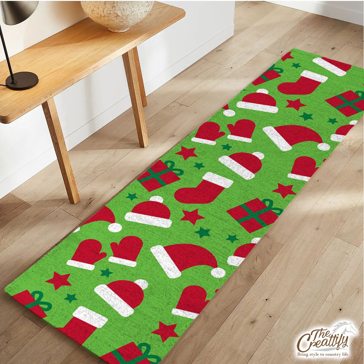 Red Green And White Christmas Gift, Christmas Socks, Santa Hat Runner Carpet