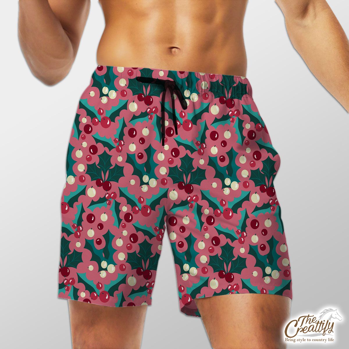 Red Green And Pink Holly Leaf Pattern Shorts