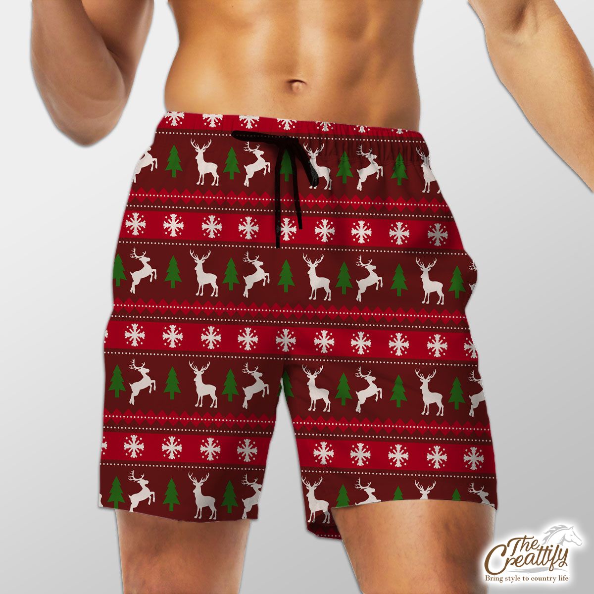 Red Green And White Christmas Tree, Reindeer With Snowflake Shorts