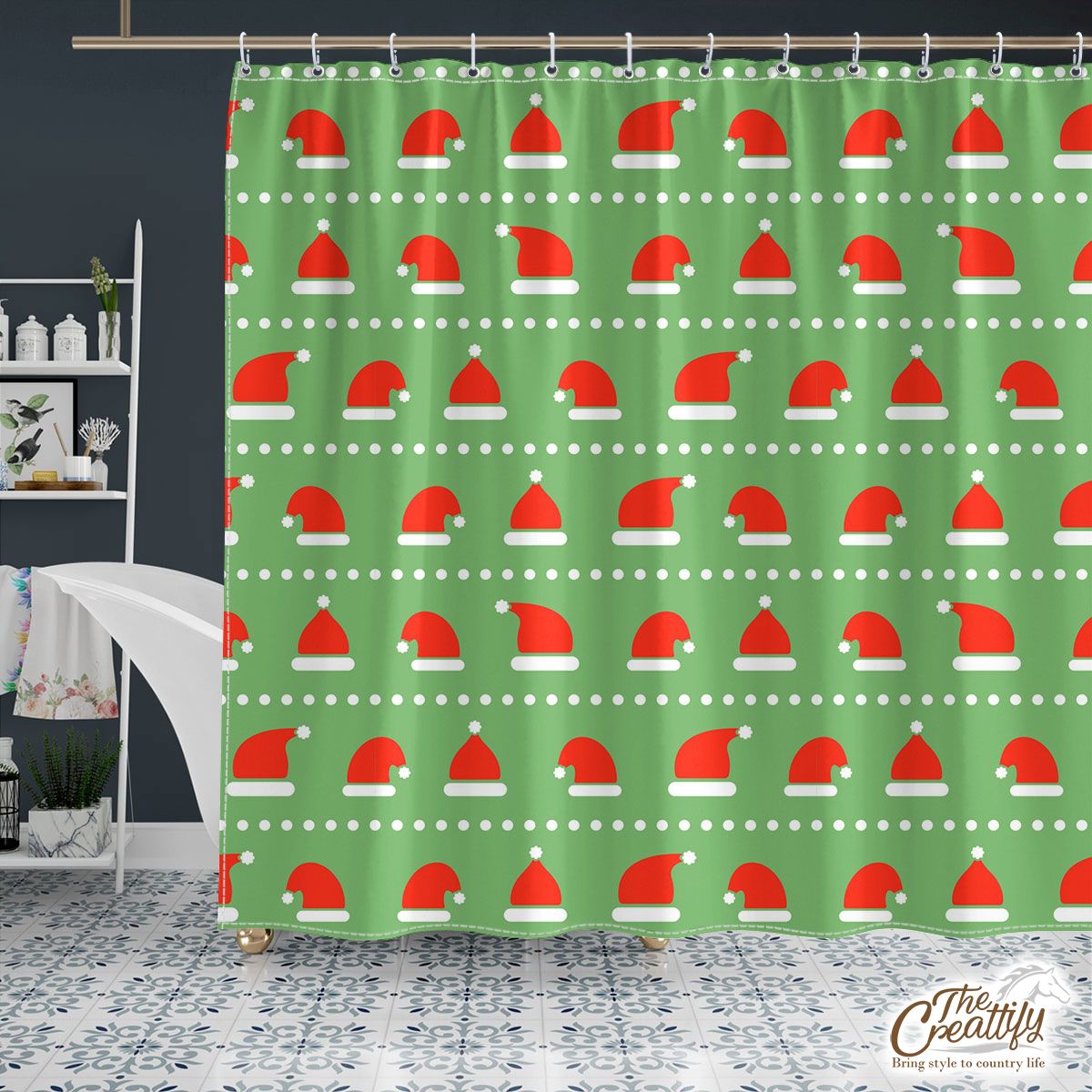 Red And White Santa Hat On Green Background Shower Curtain