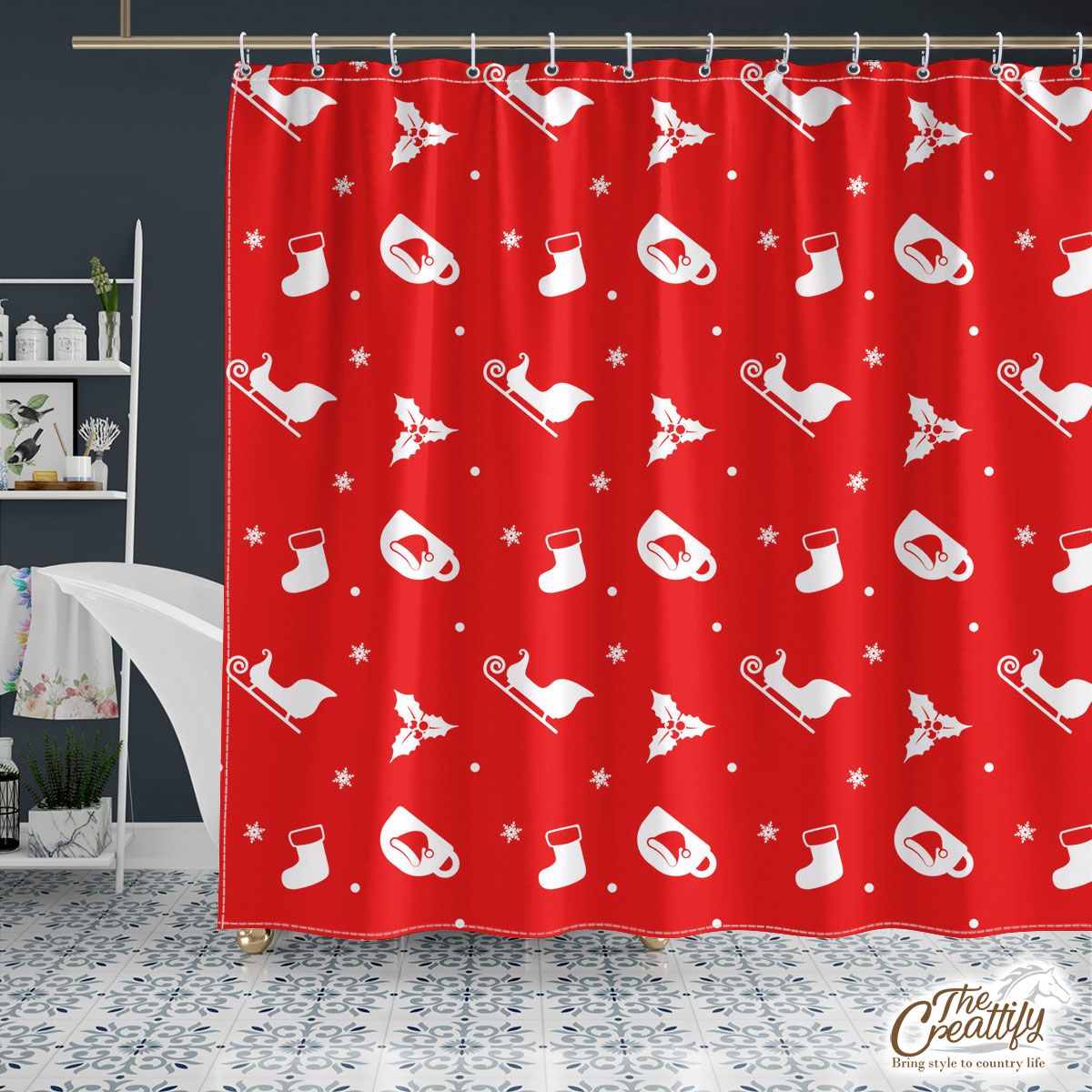 Red And White Santa Sleigh, Holly Leaf With Snowflake Shower Curtain