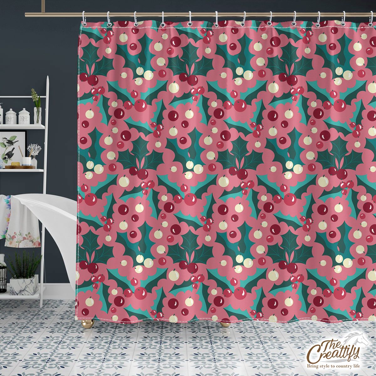 Red Green And Pink Holly Leaf Pattern Shower Curtain