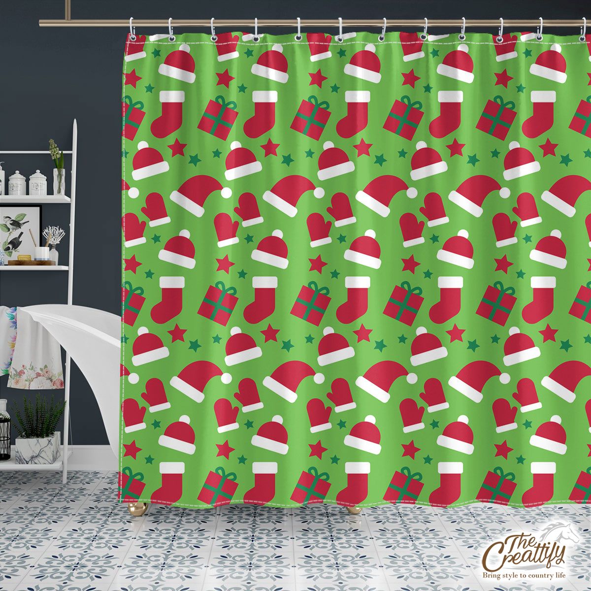 Red Green And White Christmas Gift, Christmas Socks, Santa Hat Shower Curtain