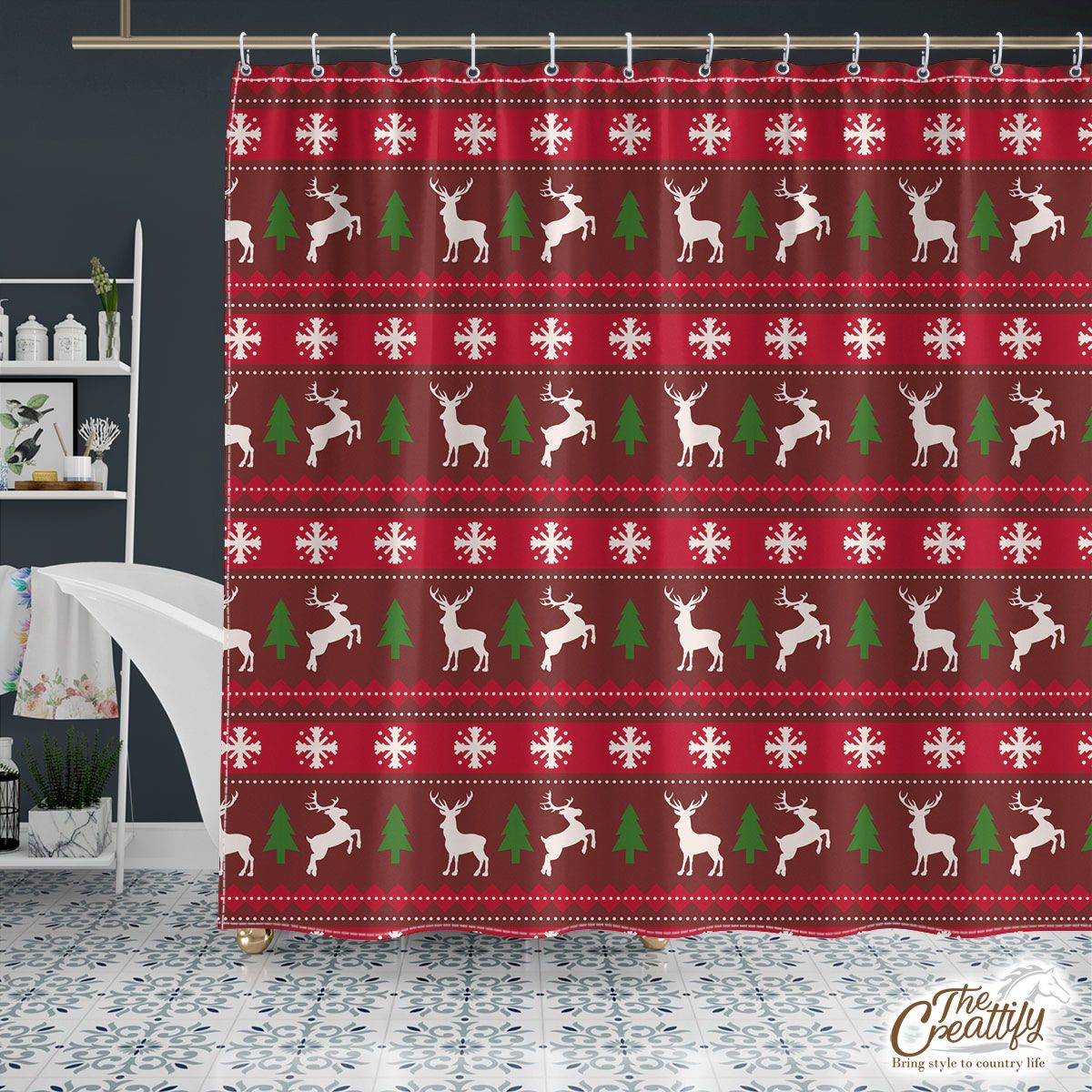 Red Green And White Christmas Tree, Reindeer With Snowflake Shower Curtain