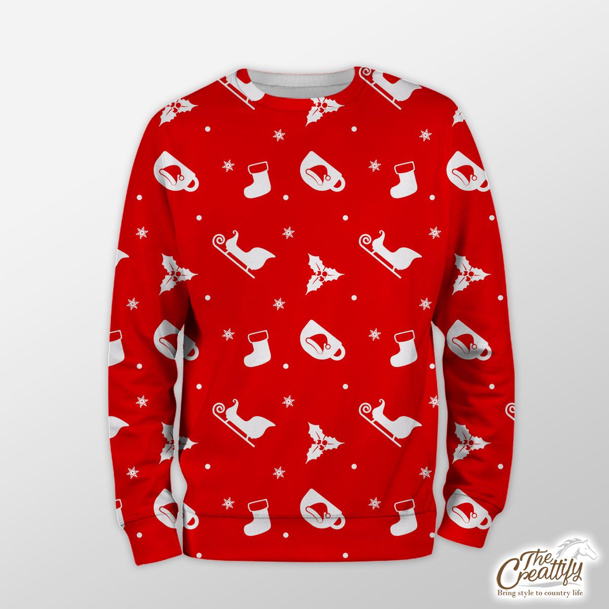 Red And White Santa Sleigh, Holly Leaf With Snowflake Sweatshirt