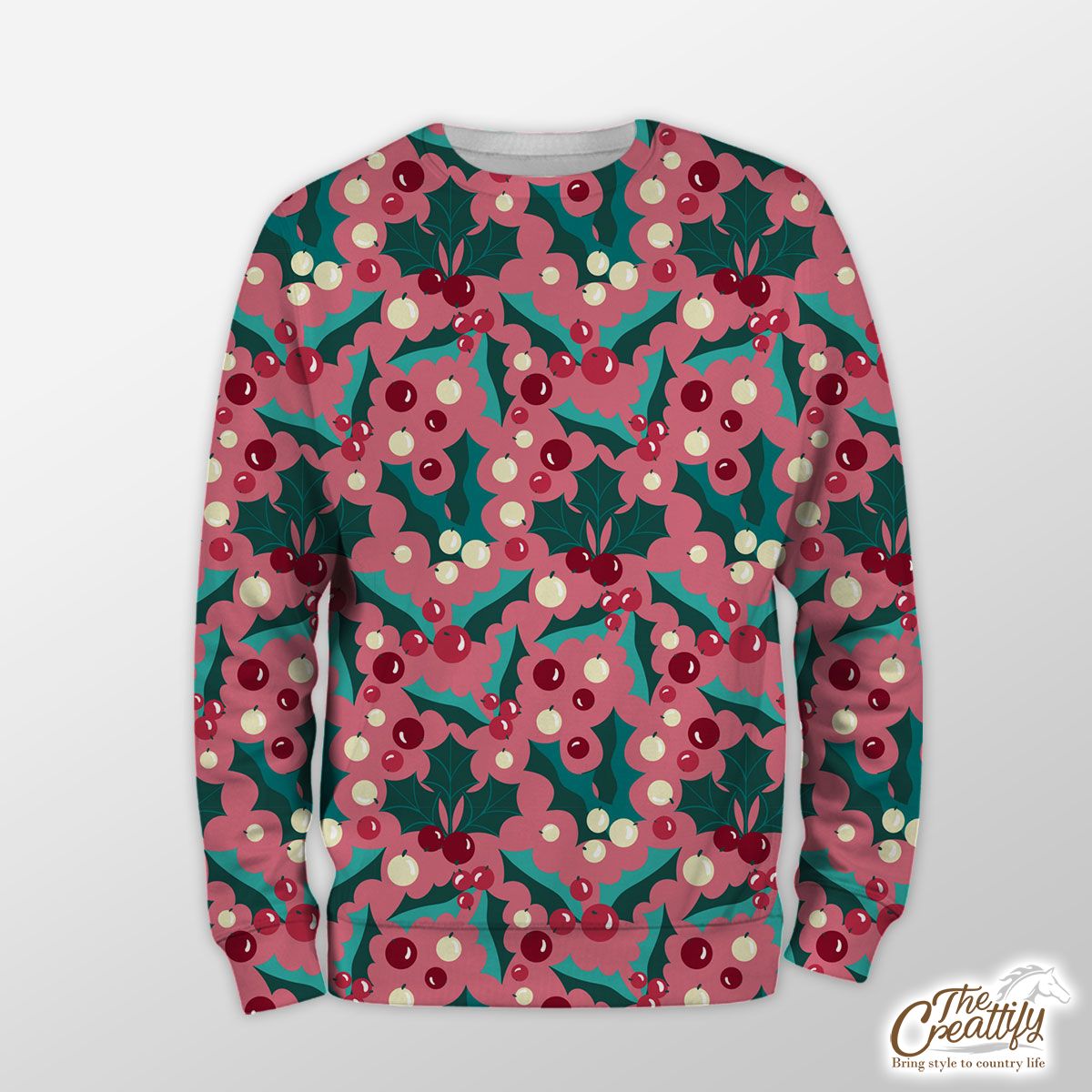 Red Green And Pink Holly Leaf Pattern Sweatshirt
