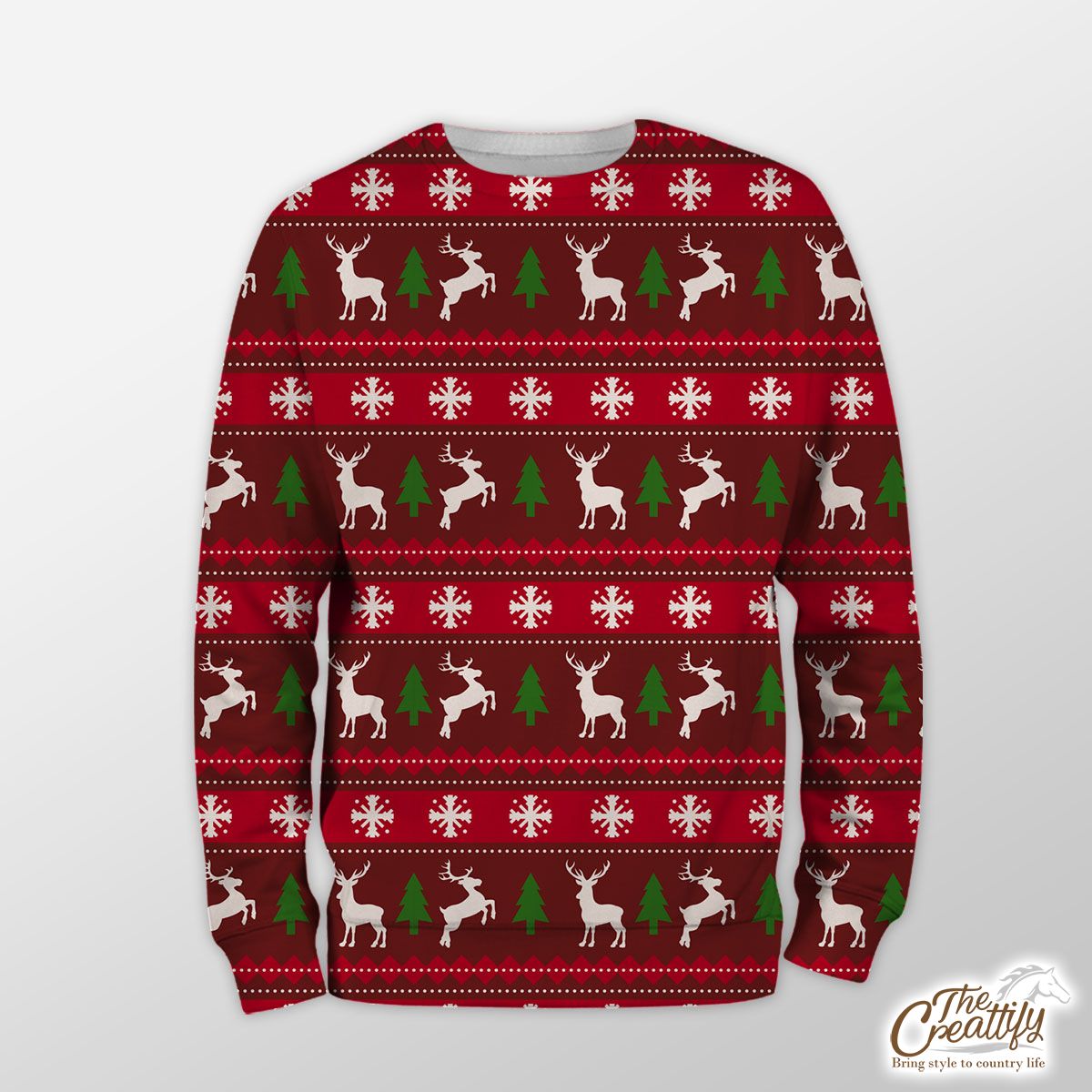 Red Green And White Christmas Tree, Reindeer With Snowflake Sweatshirt