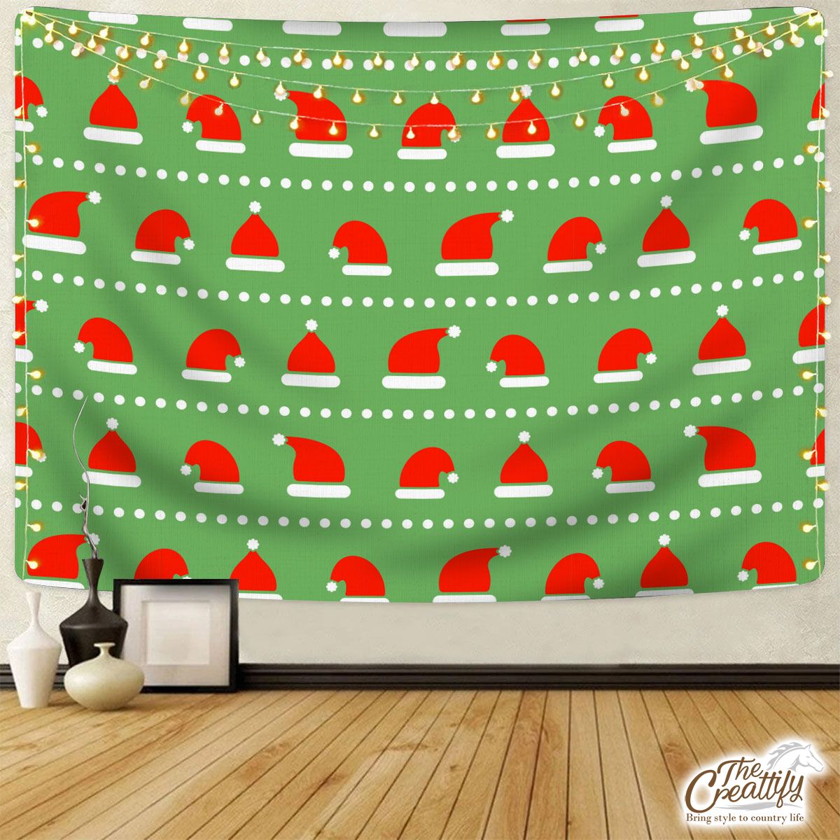 Red And White Santa Hat On Green Background Tapestry