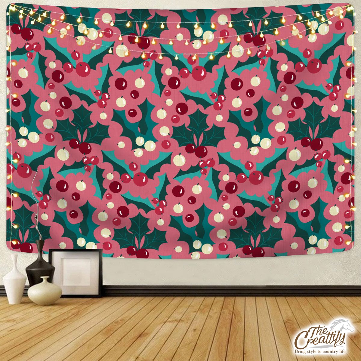Red Green And Pink Holly Leaf Pattern Tapestry