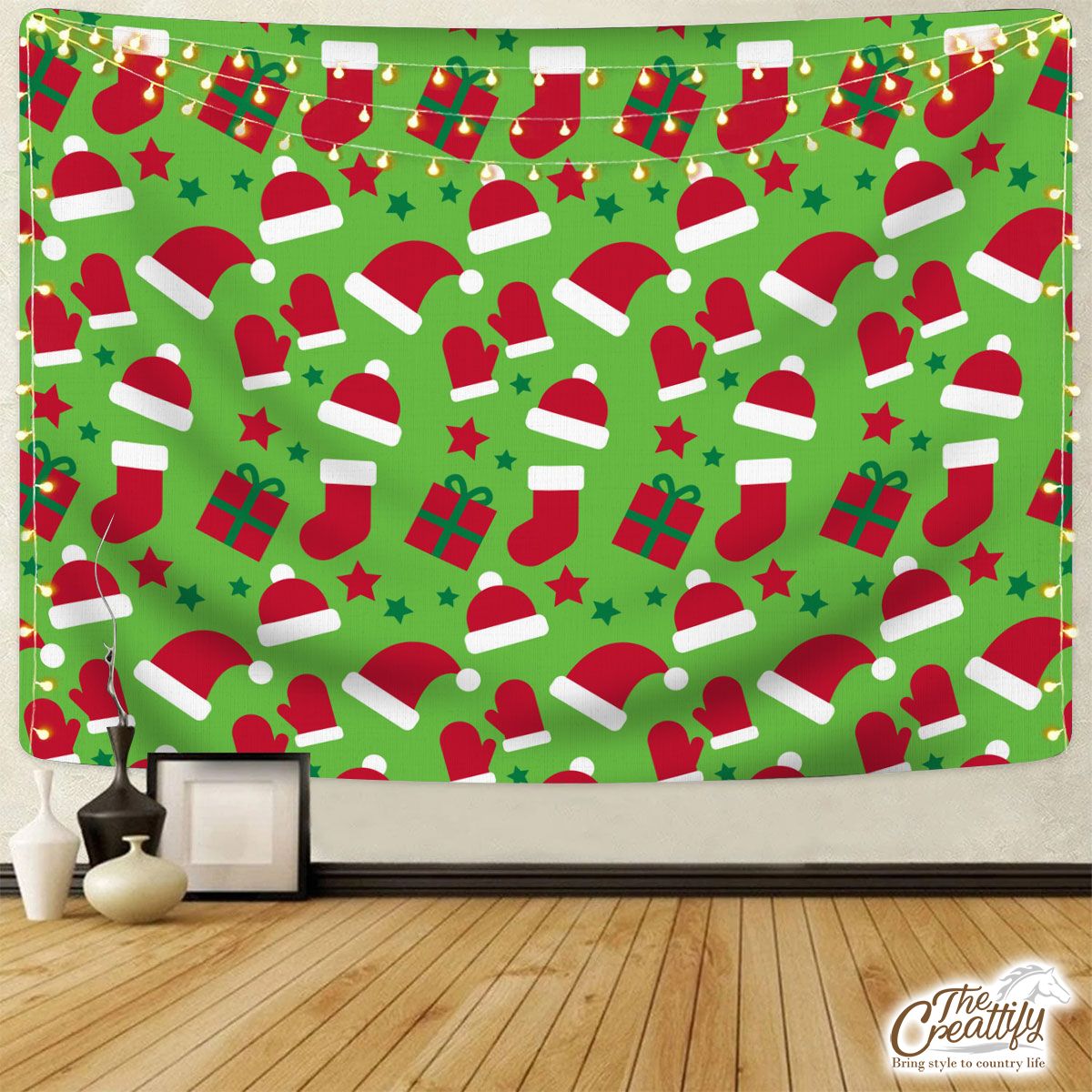 Red Green And White Christmas Gift, Christmas Socks, Santa Hat Tapestry