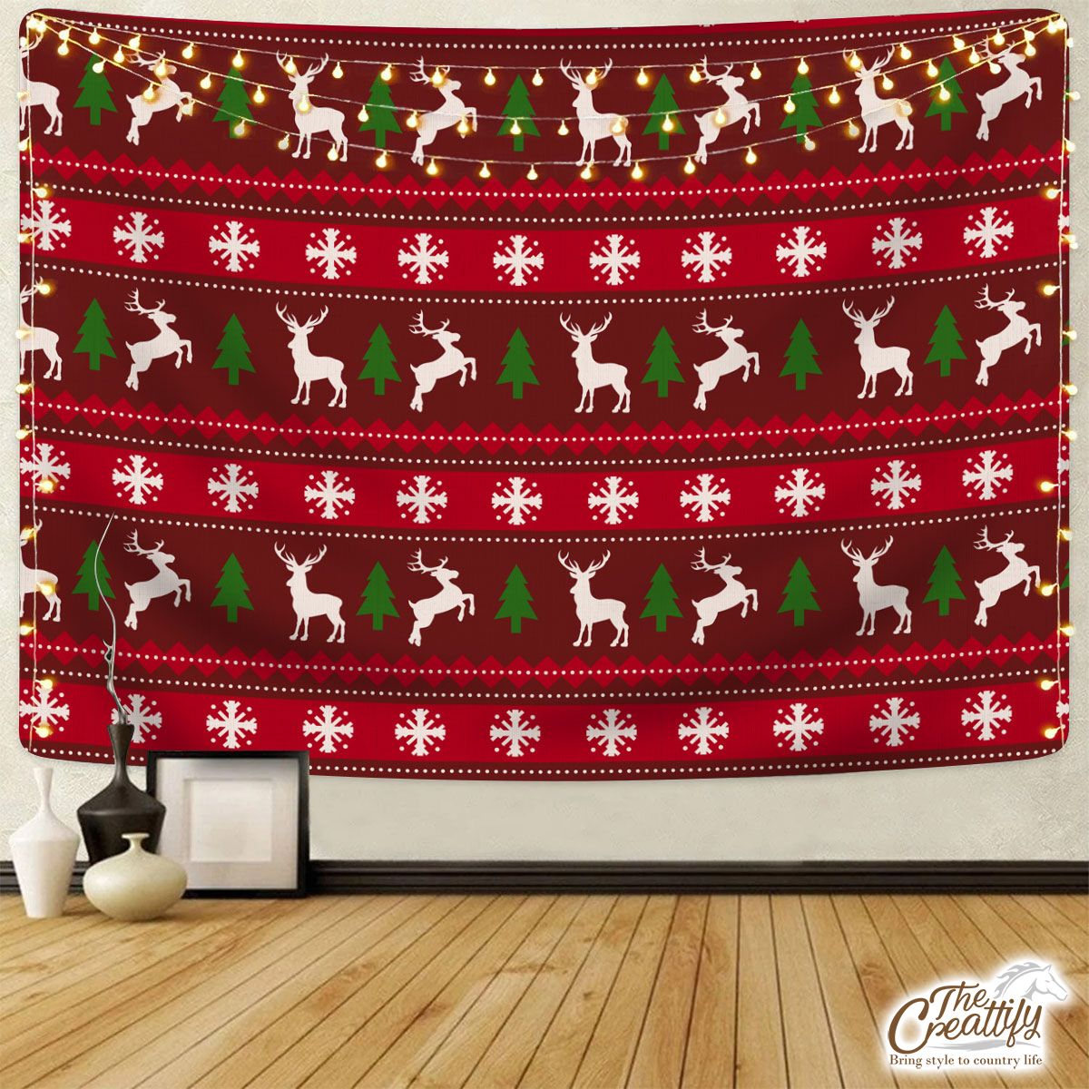 Red Green And White Christmas Tree, Reindeer With Snowflake Tapestry