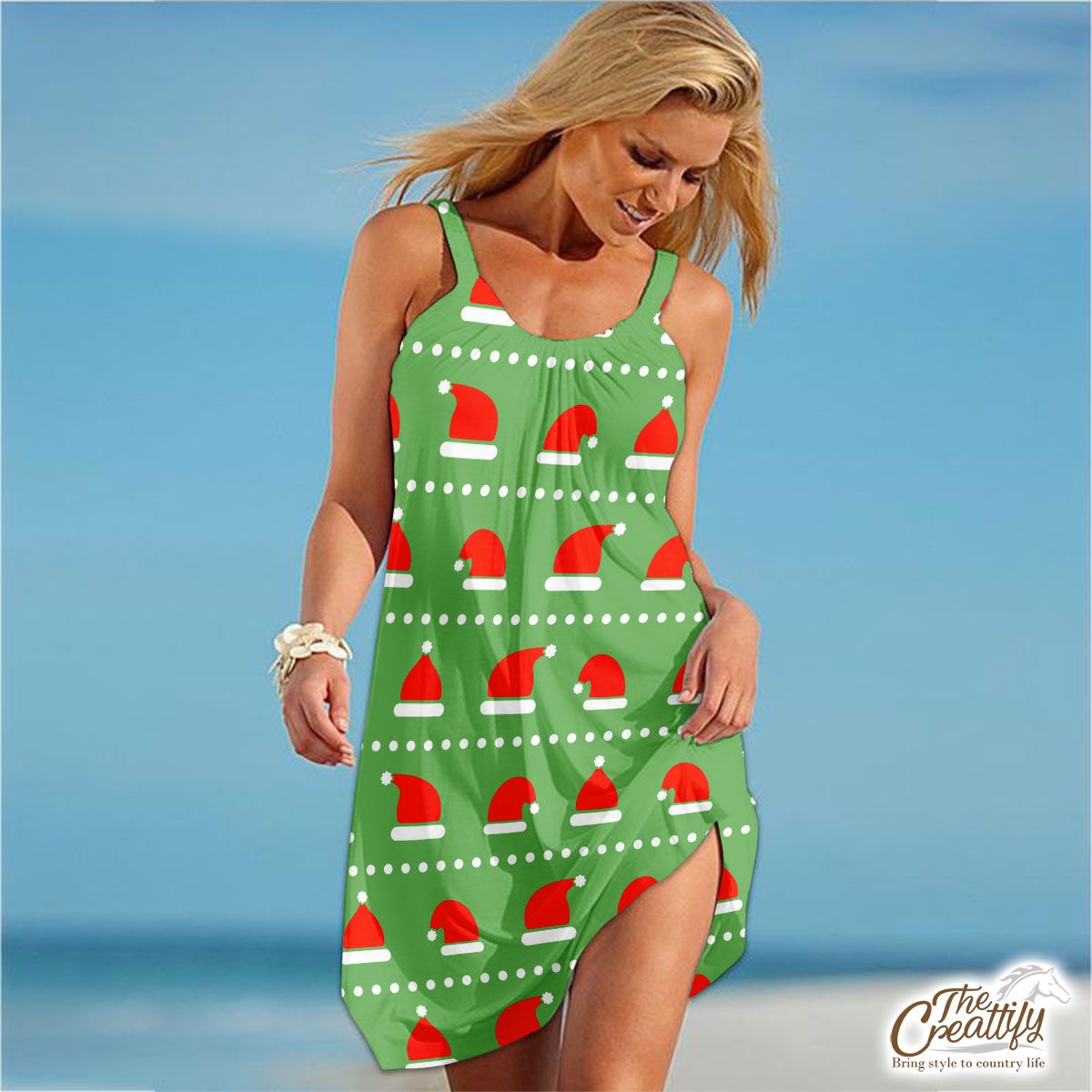 Red And White Santa Hat On Green Background Tribal Dress