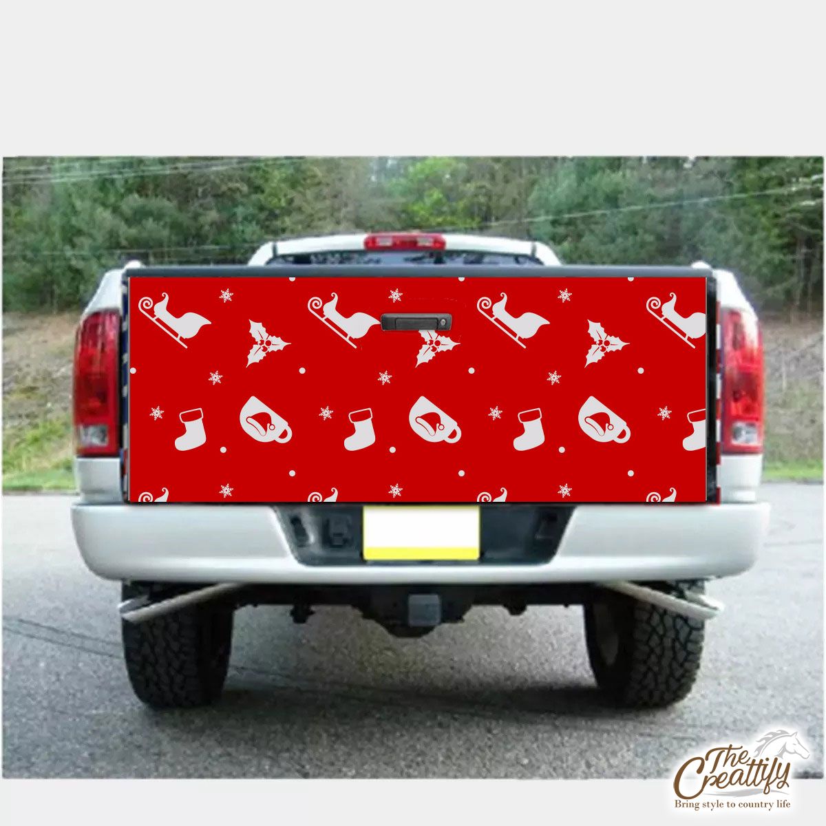 Red And White Santa Sleigh, Holly Leaf With Snowflake Truck Bed Decal