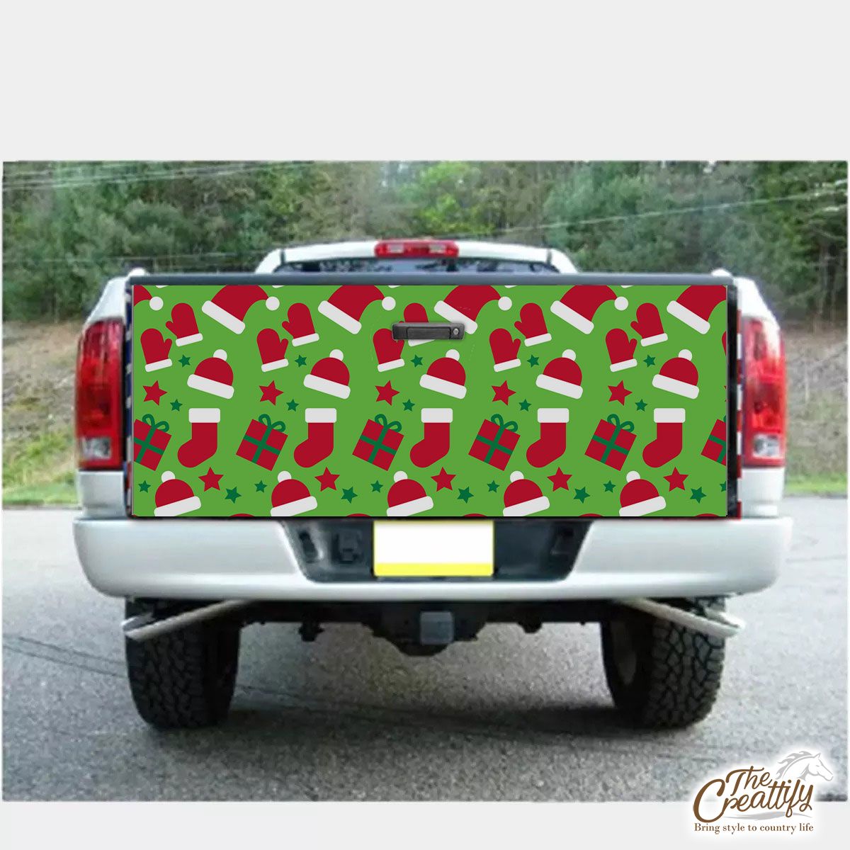 Red Green And White Christmas Gift, Christmas Socks, Santa Hat Truck Bed Decal