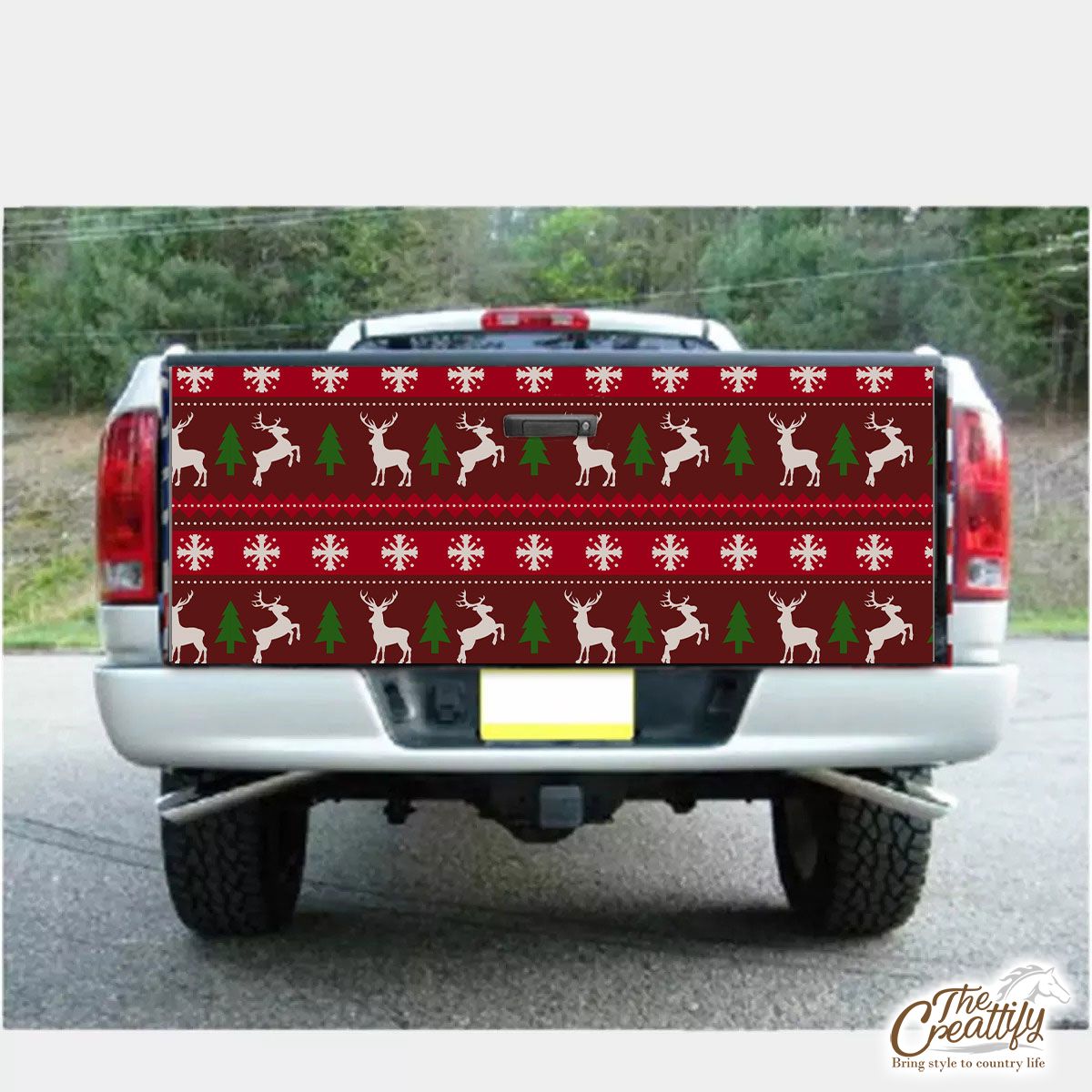 Red Green And White Christmas Tree, Reindeer With Snowflake Truck Bed Decal