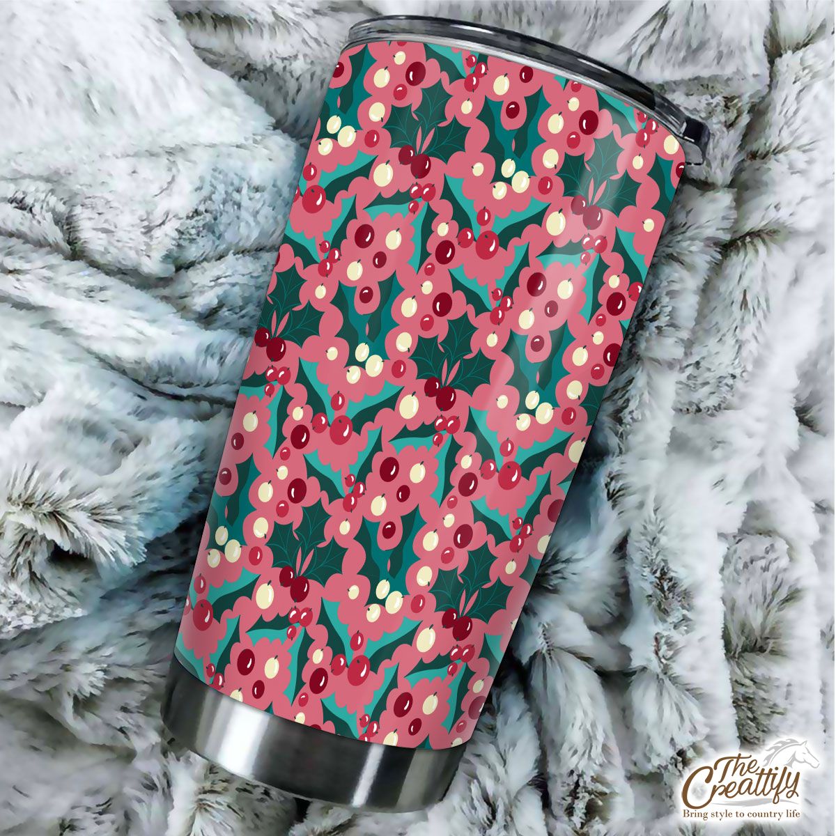 Red Green And Pink Holly Leaf Pattern Tumbler
