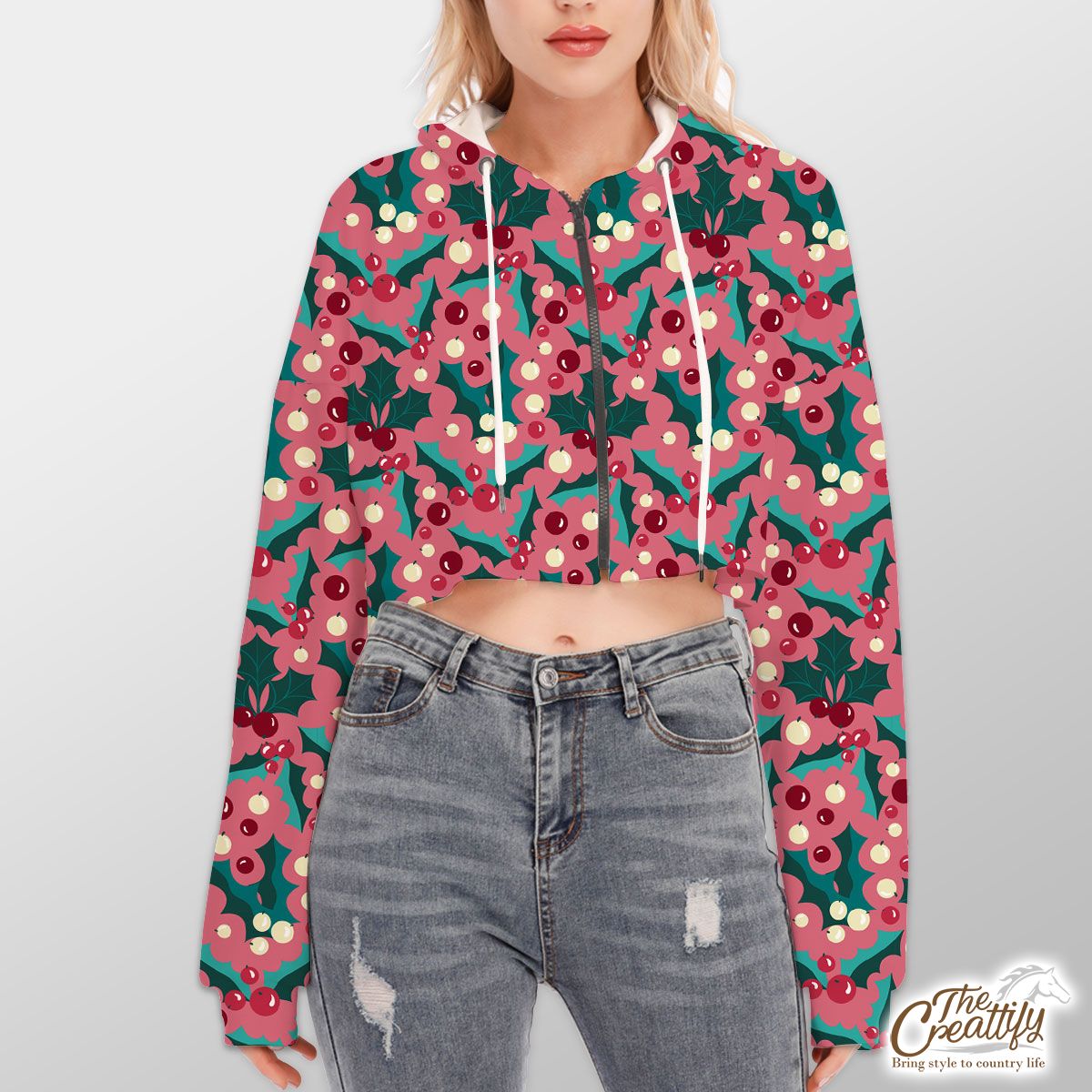Red Green And Pink Holly Leaf Pattern Hoodie With Zipper Closure