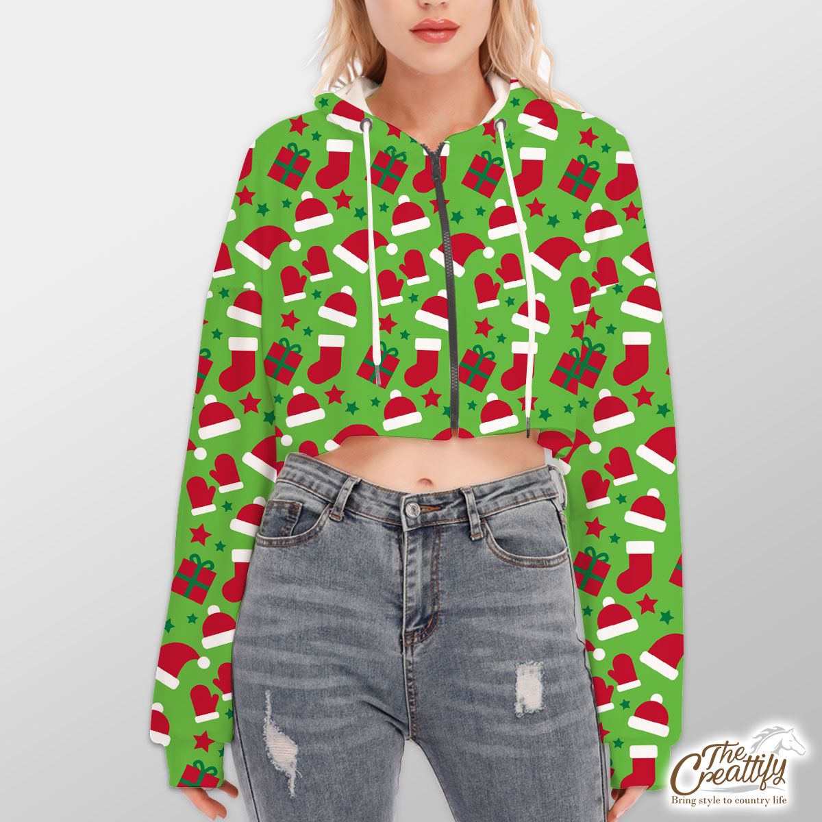 Red Green And White Christmas Gift, Christmas Socks, Santa Hat Hoodie With Zipper Closure