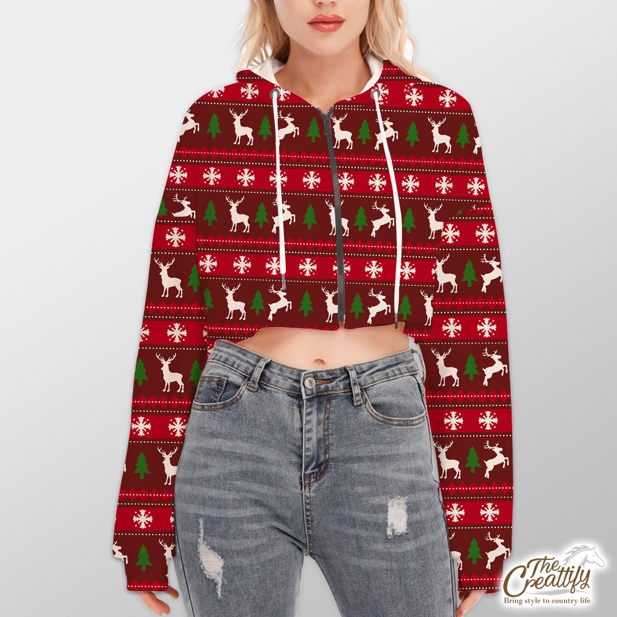 Red Green And White Christmas Tree, Reindeer With Snowflake Hoodie With Zipper Closure