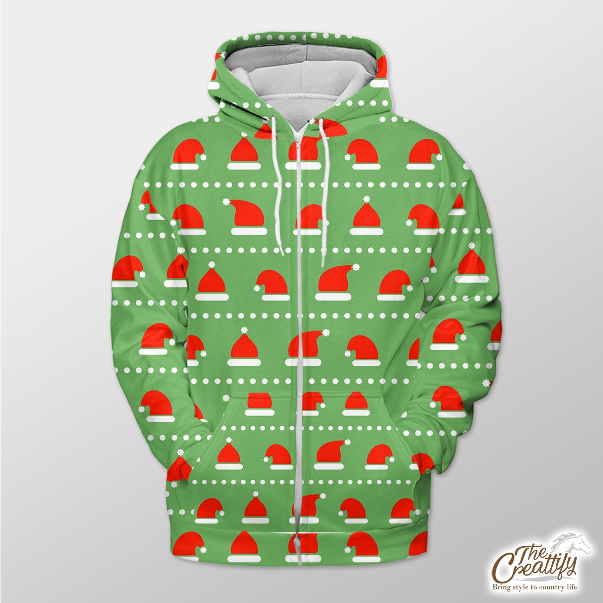 Red And White Santa Hat On Green Background Zip Hoodie