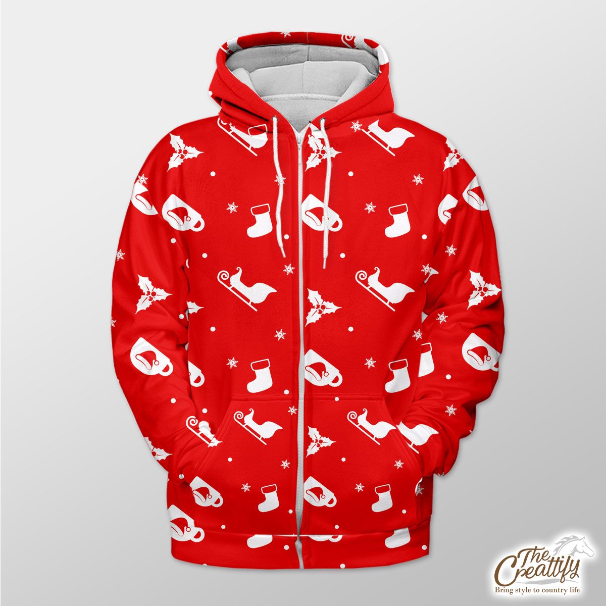 Red And White Santa Sleigh, Holly Leaf With Snowflake Zip Hoodie