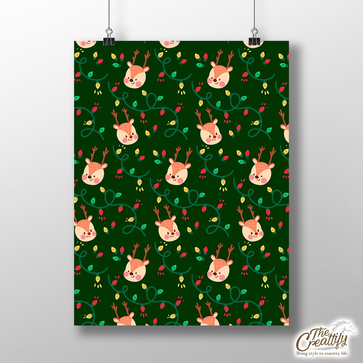 Reindeer With Christmas Light On Green Background Poster