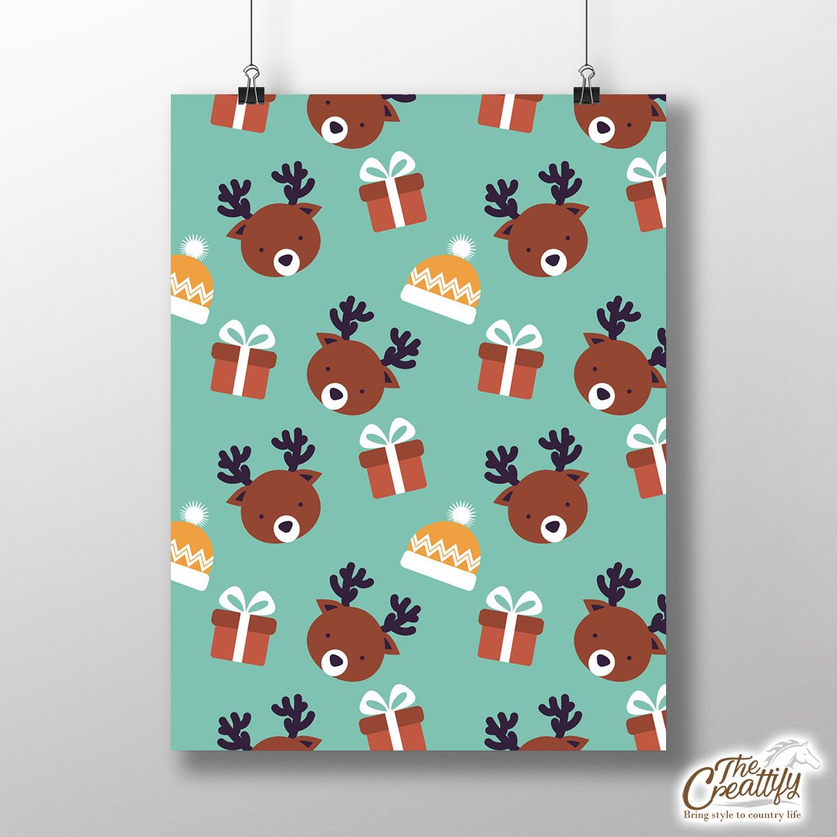 Reindeer, Christmas Gift On Blue Background Poster