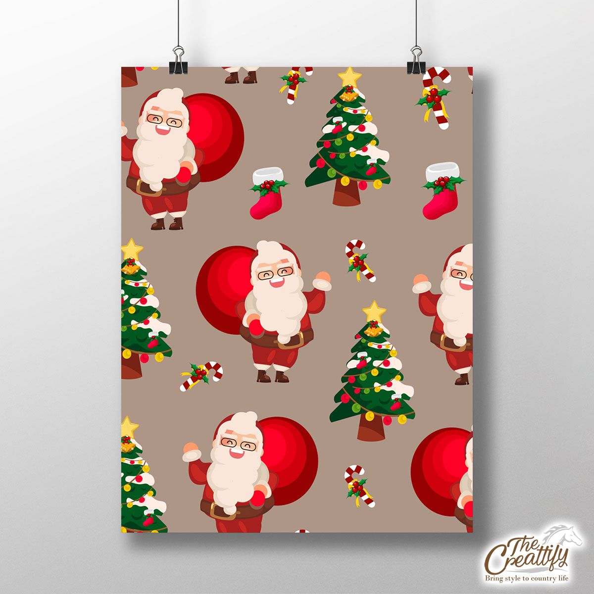 Santa Clause, Chritmas Tree, Candy Cane On Brown Background Poster