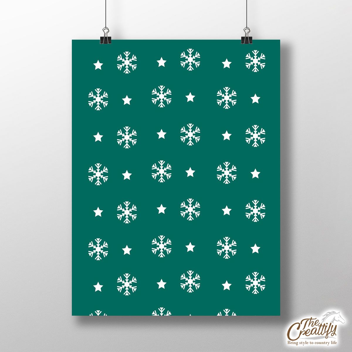 White And Dark Green Snowflake With Christmas Star Poster