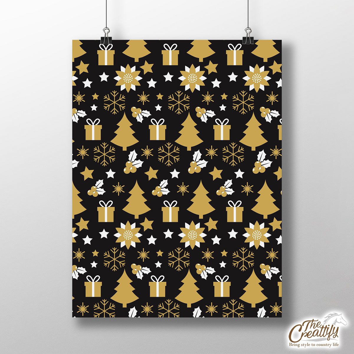 White And Gold Christmas Gift, Christmas Tree, Snowflake On Black Background Poster