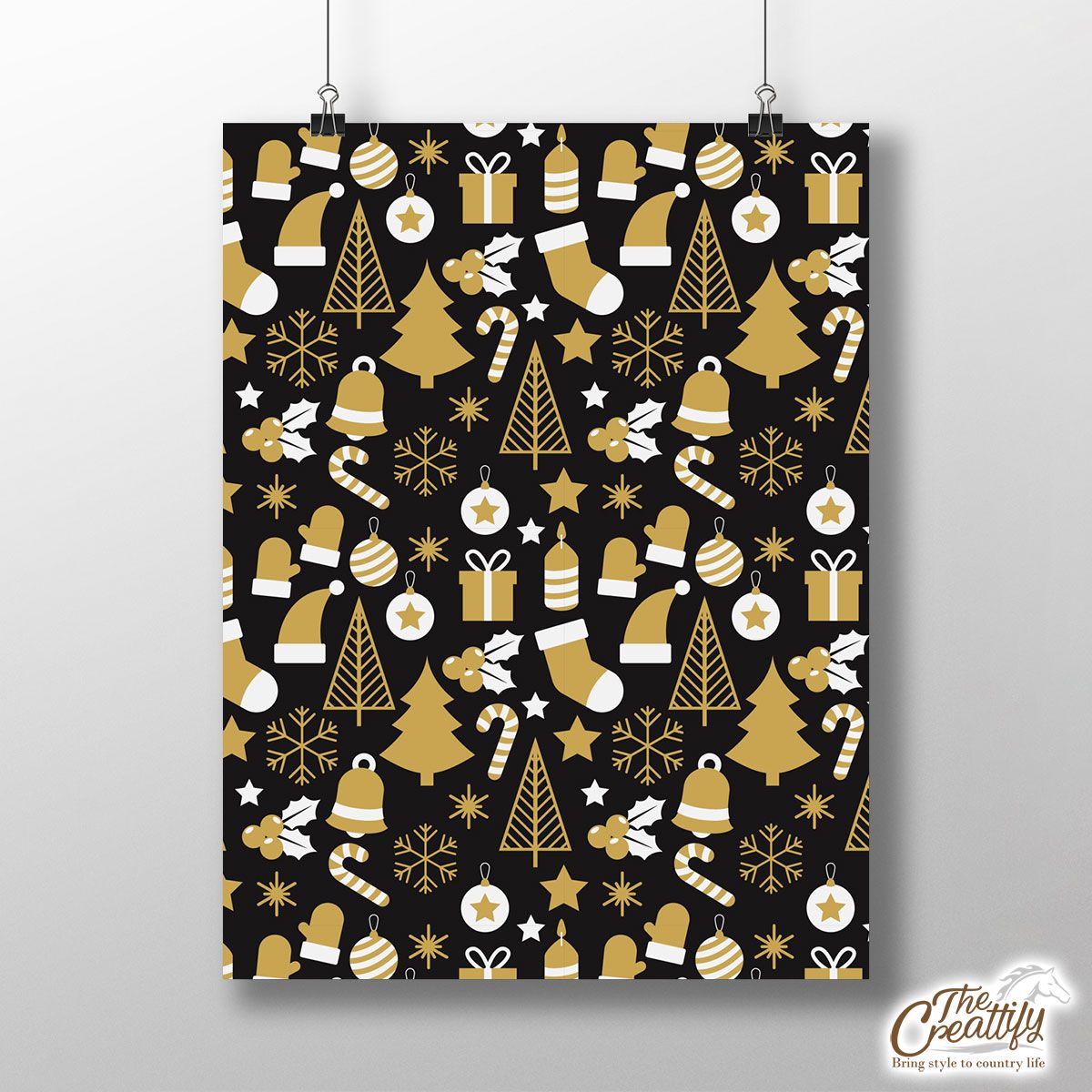 White And Gold Christmas Socks, Christmas Tree, Candy Cane On Black Background Poster