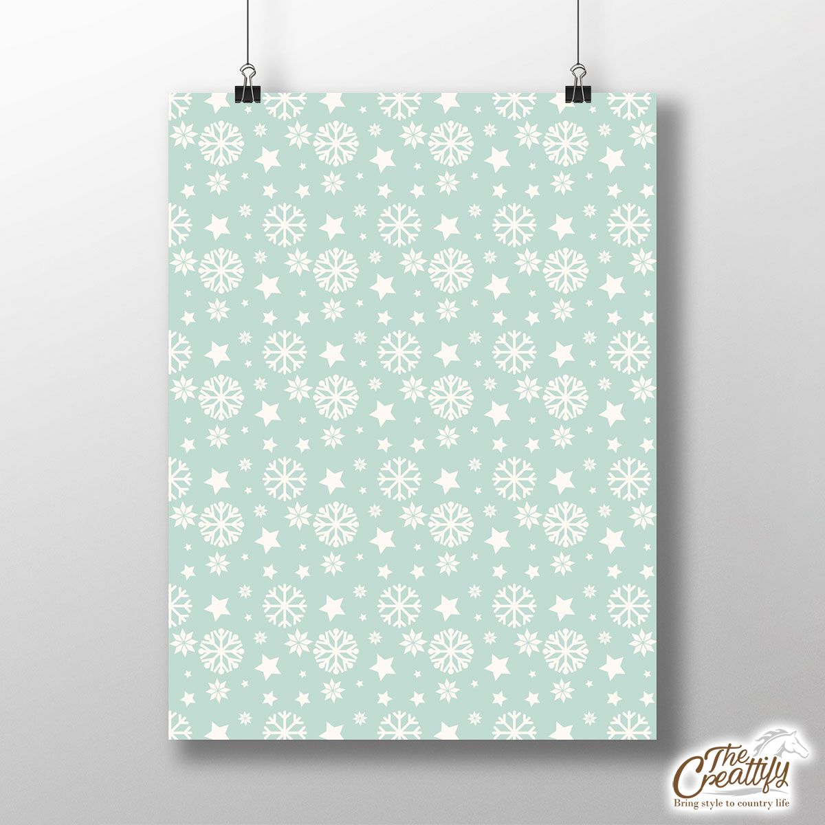 White And Light Green Snowflake And Christmas Stars Poster
