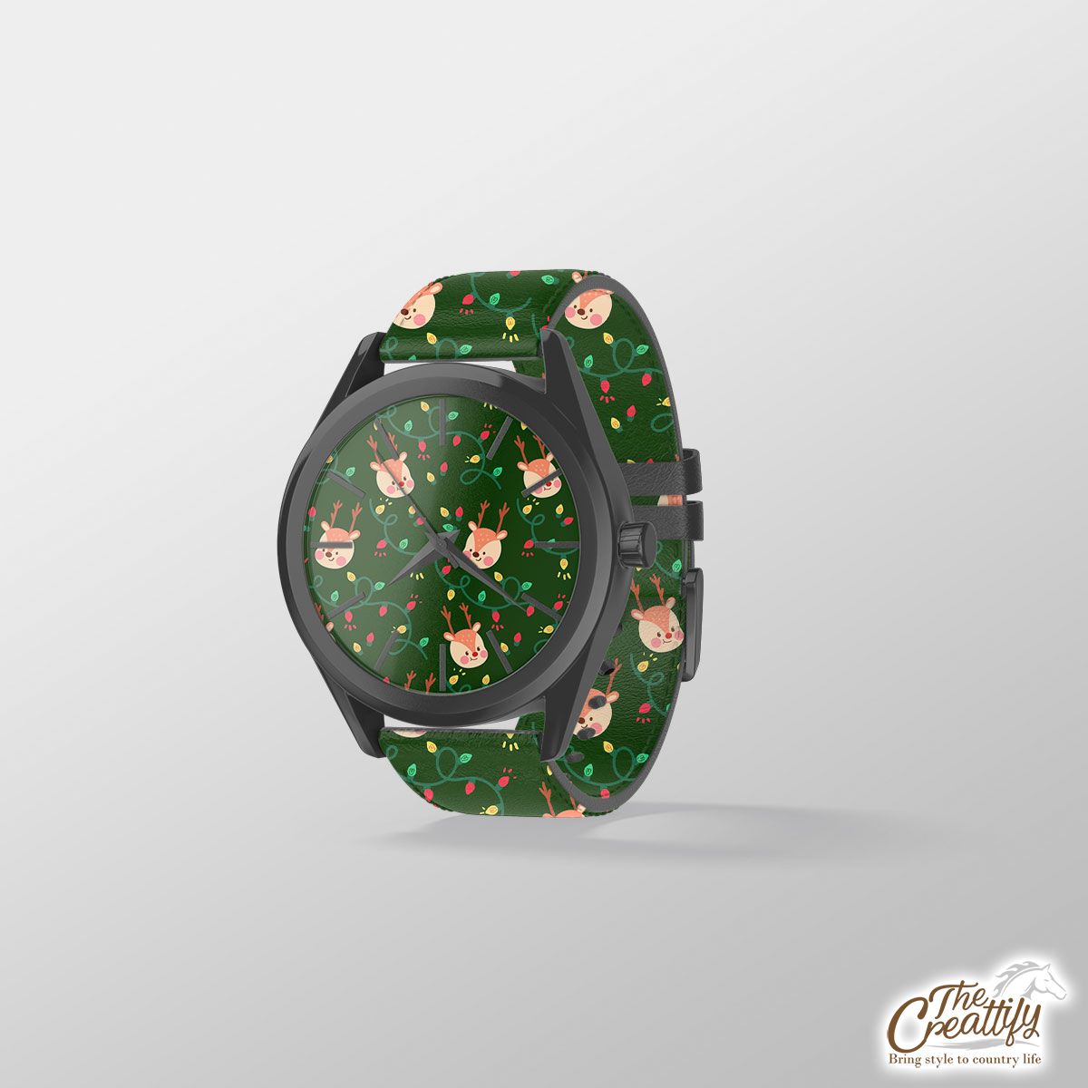 Reindeer With Christmas Light On Green Background Print Watch