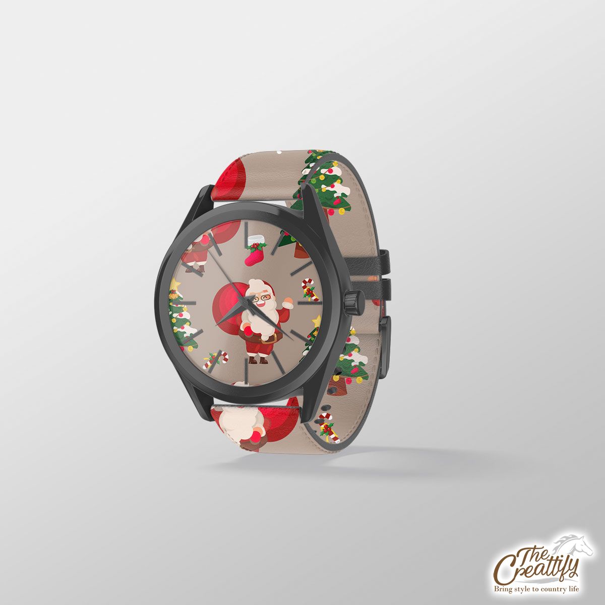 Santa Clause, Chritmas Tree, Candy Cane On Brown Background Print Watch