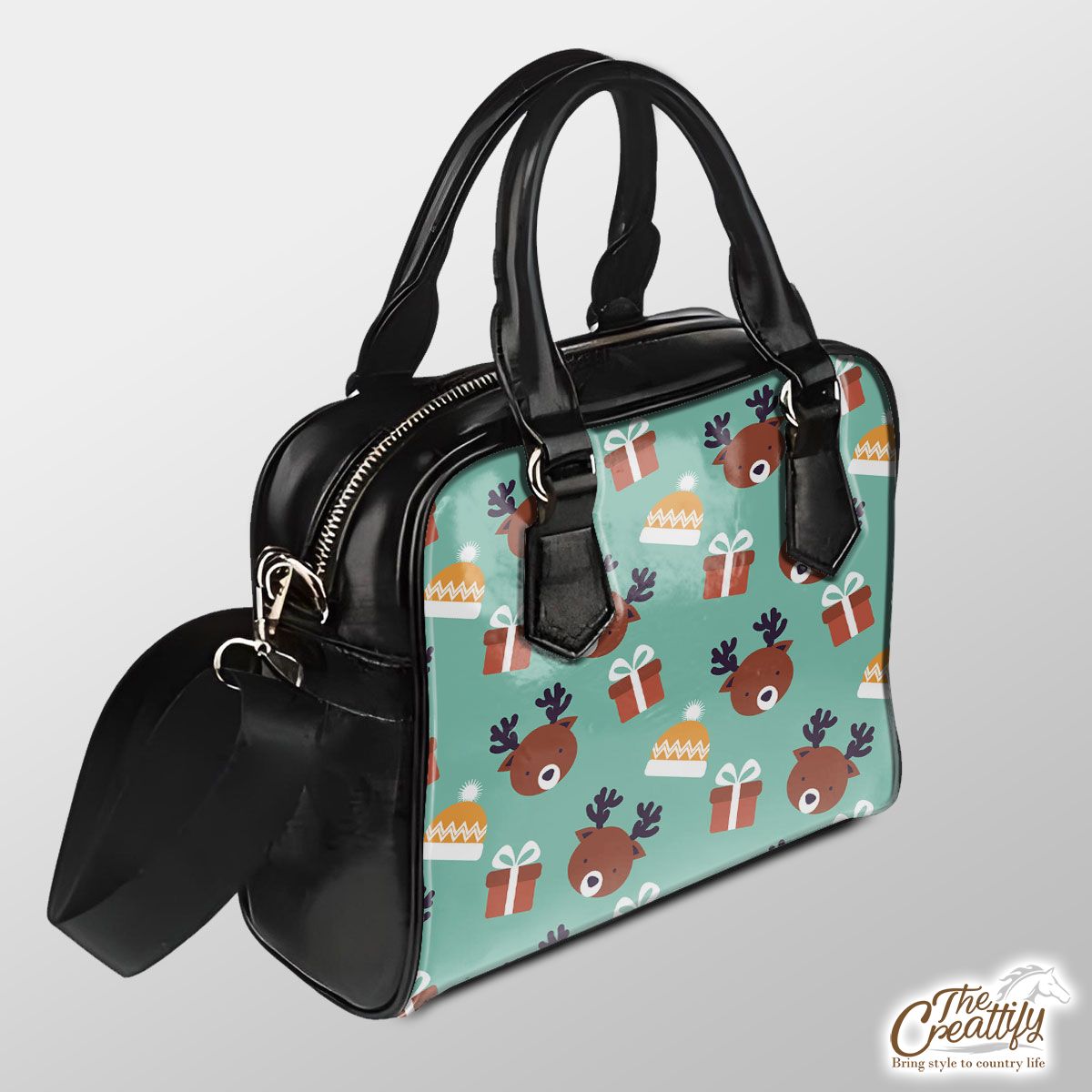 Reindeer, Christmas Gift On Blue Background Pu Shoulder Handbag