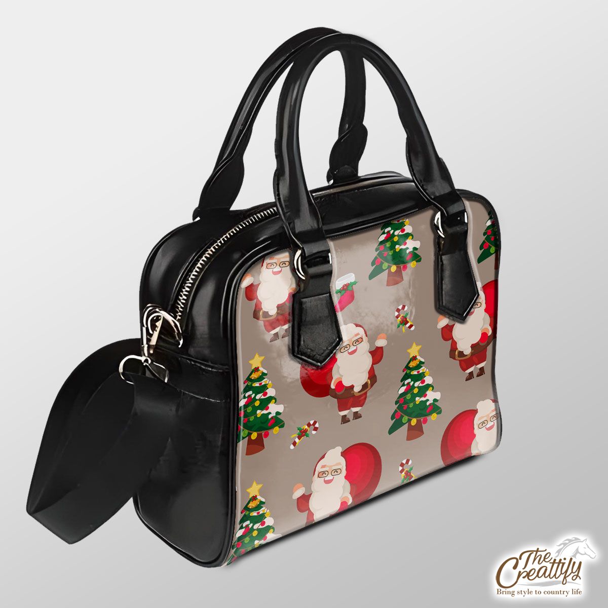 Santa Clause, Chritmas Tree, Candy Cane On Brown Background Pu Shoulder Handbag