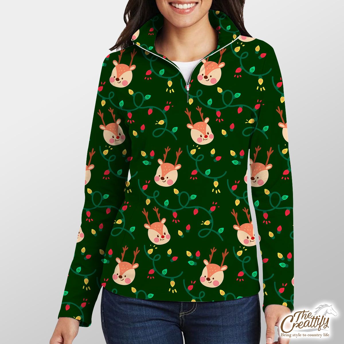 Reindeer With Christmas Light On Green Background Quarter Zip Pullover