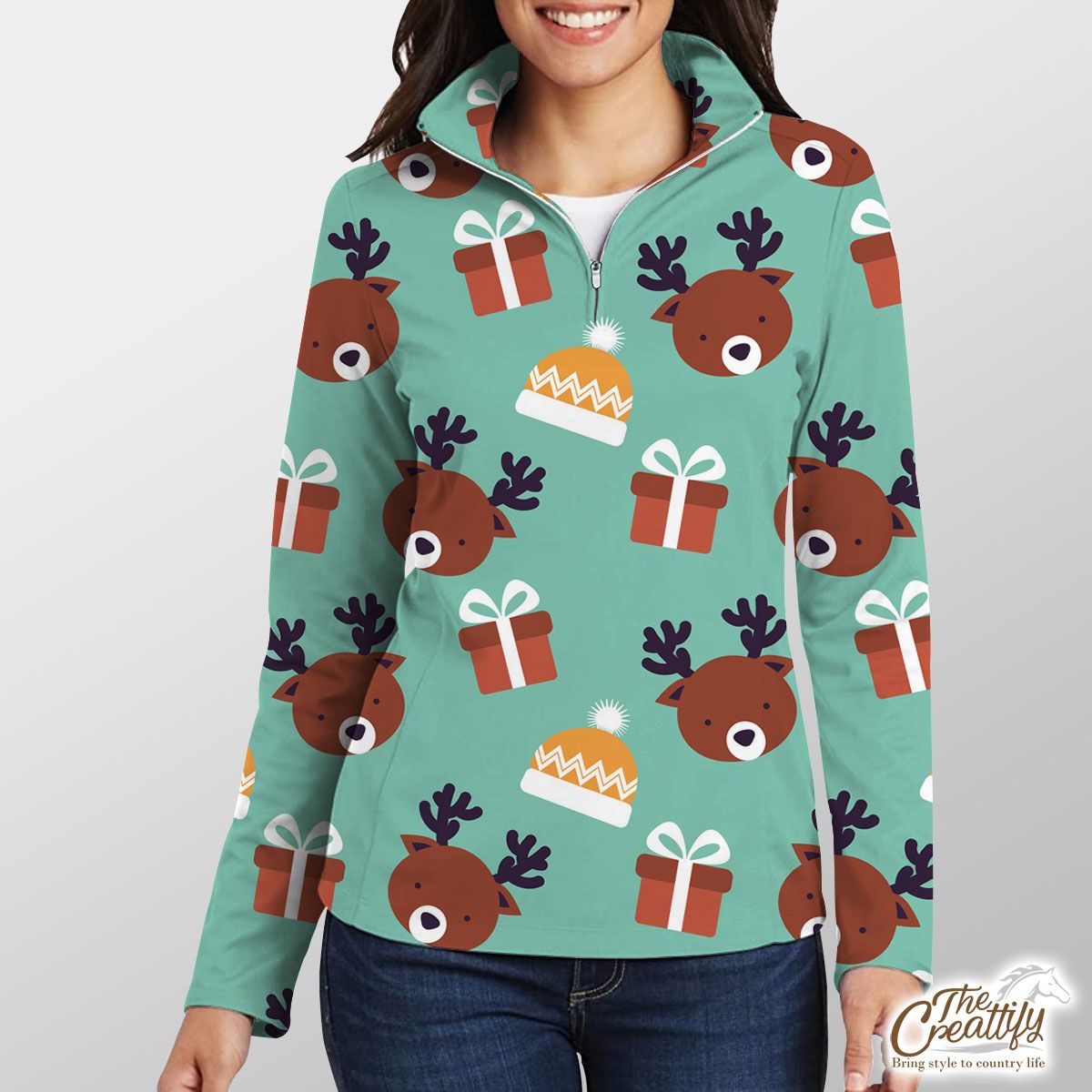 Reindeer, Christmas Gift On Blue Background Quarter Zip Pullover