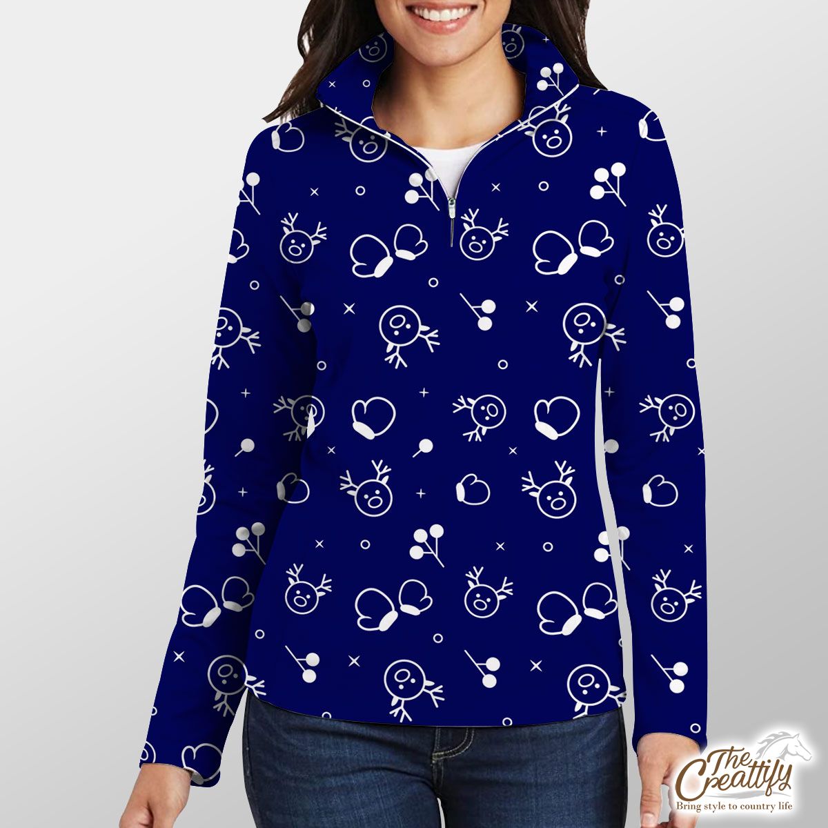 White And Blue Christmas Gloves And Reindeer Quarter Zip Pullover