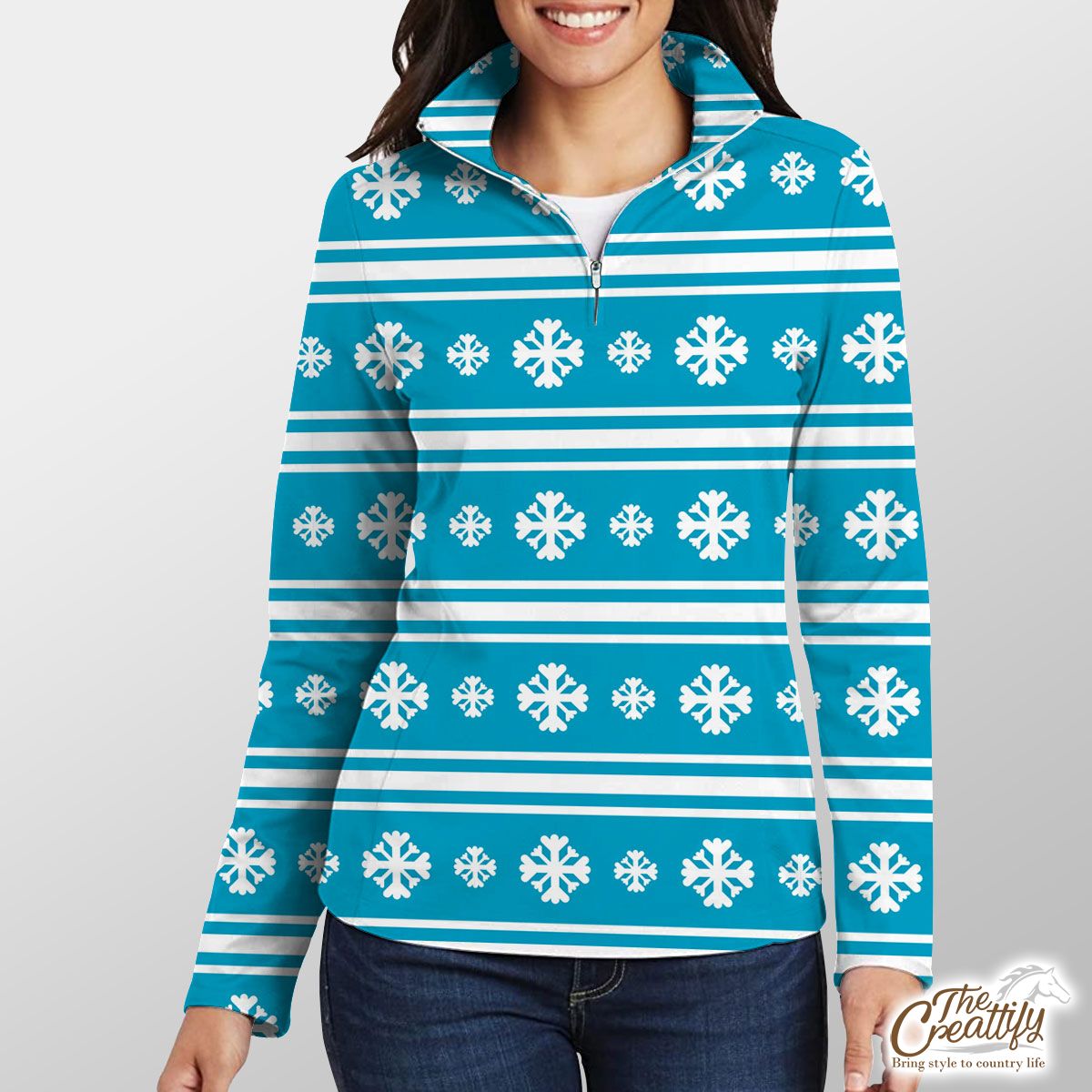 White And Blue Snowflake Christmas Quarter Zip Pullover
