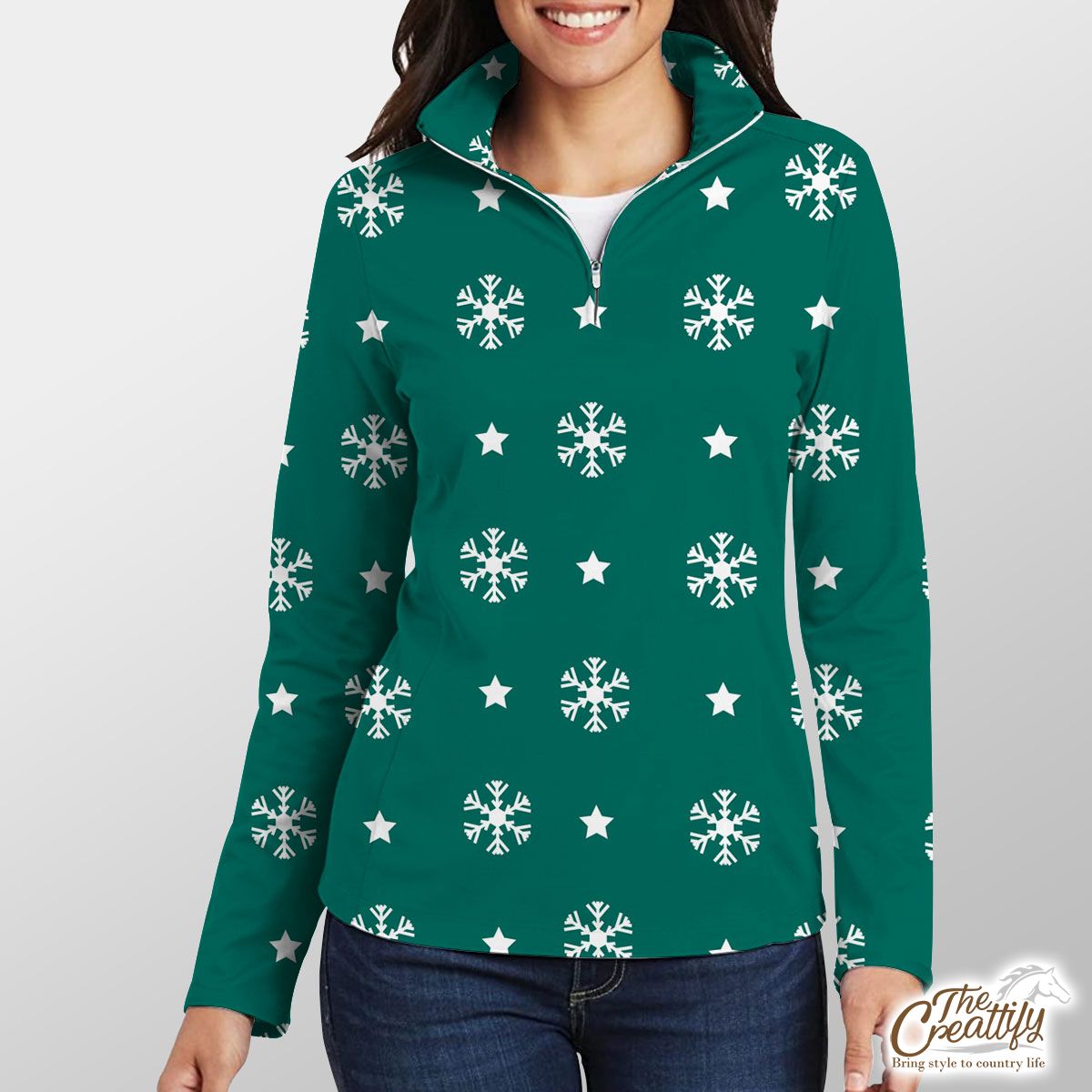 White And Dark Green Snowflake With Christmas Star Quarter Zip Pullover