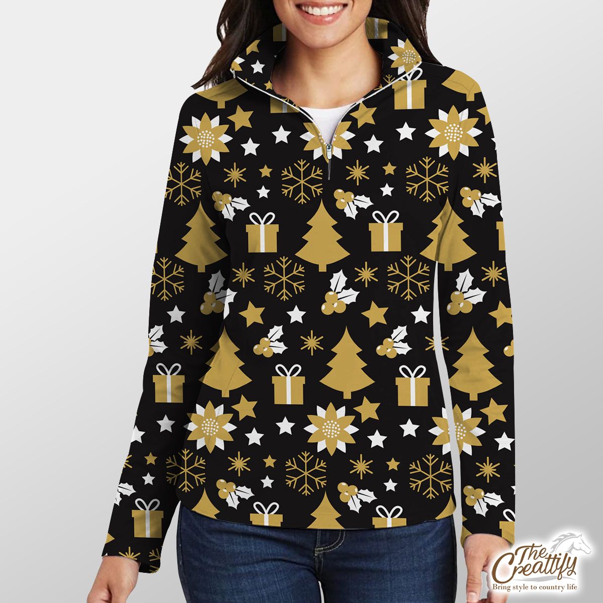 White And Gold Christmas Gift, Christmas Tree, Snowflake On Black Background Quarter Zip Pullover