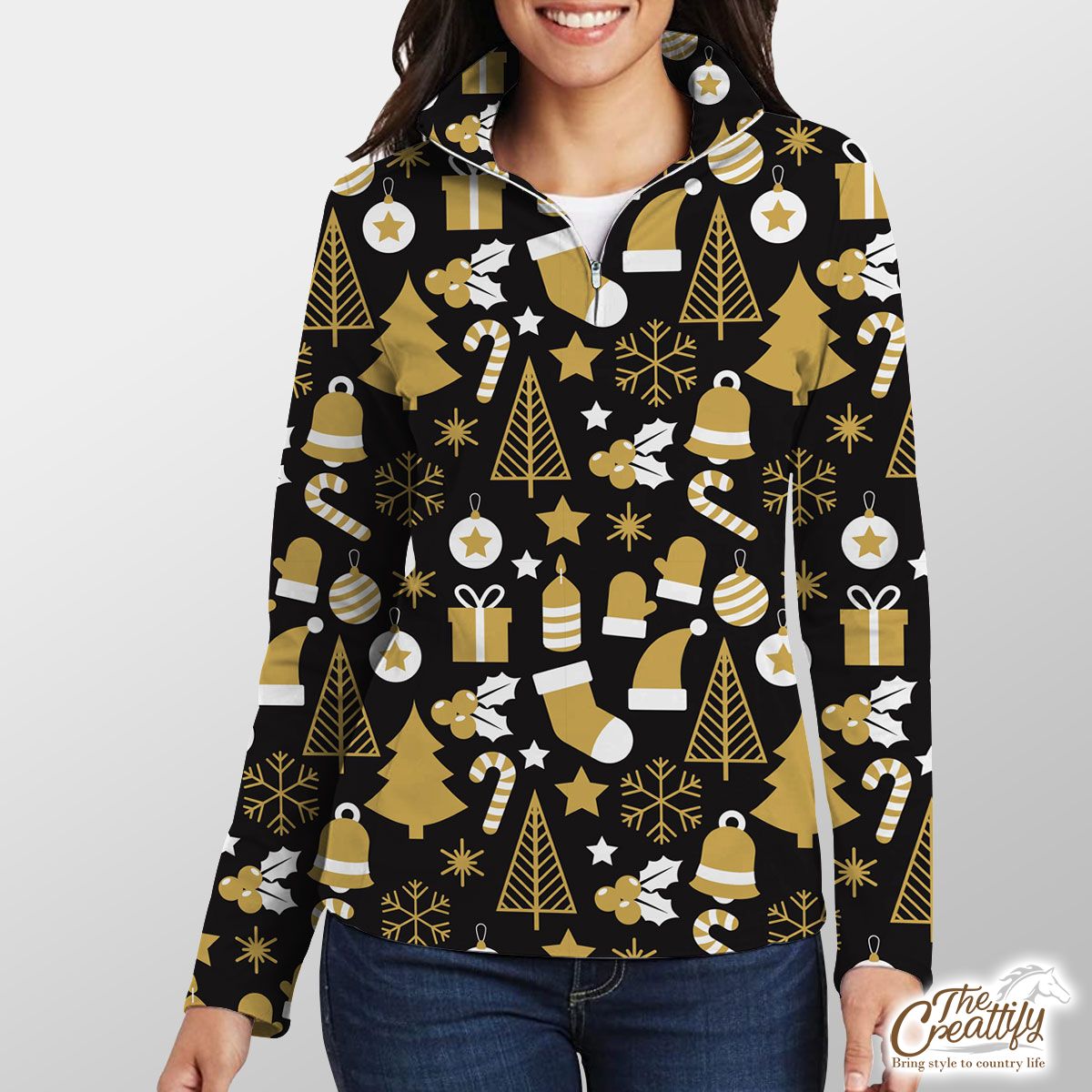 White And Gold Christmas Socks, Christmas Tree, Candy Cane On Black Background Quarter Zip Pullover