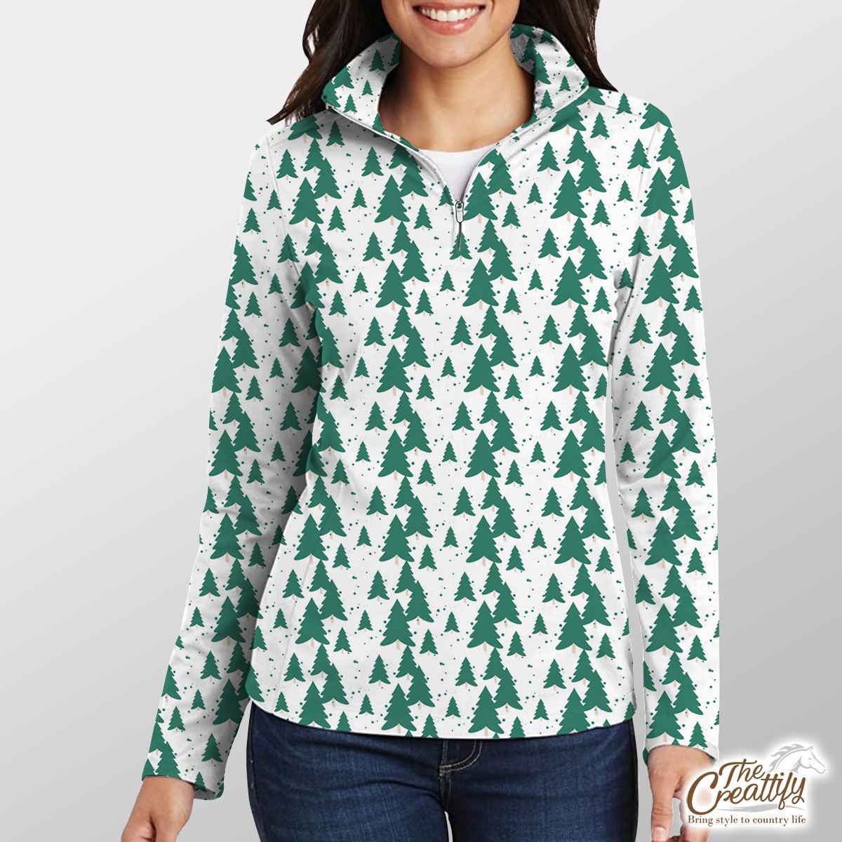White And Green Christmas Tree Quarter Zip Pullover