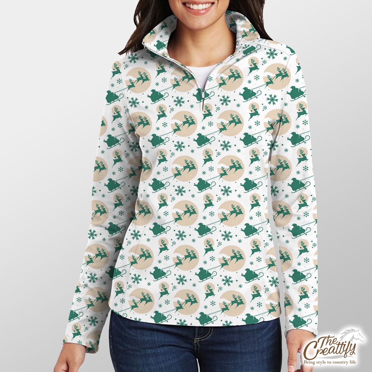 White And Green Santa Sleigh With Snowflake Quarter Zip Pullover