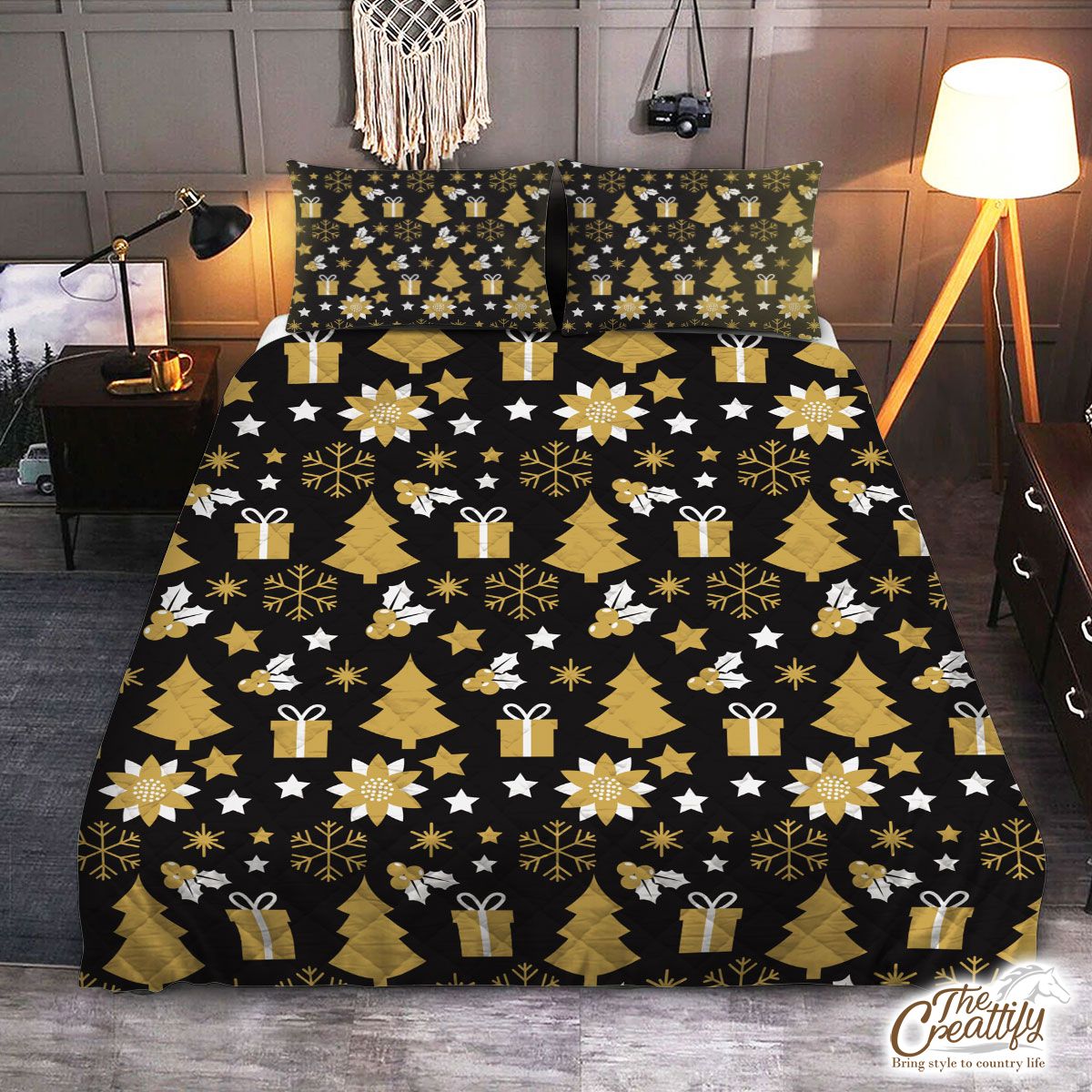 White And Gold Christmas Gift, Christmas Tree, Snowflake On Black Background Quilt Set