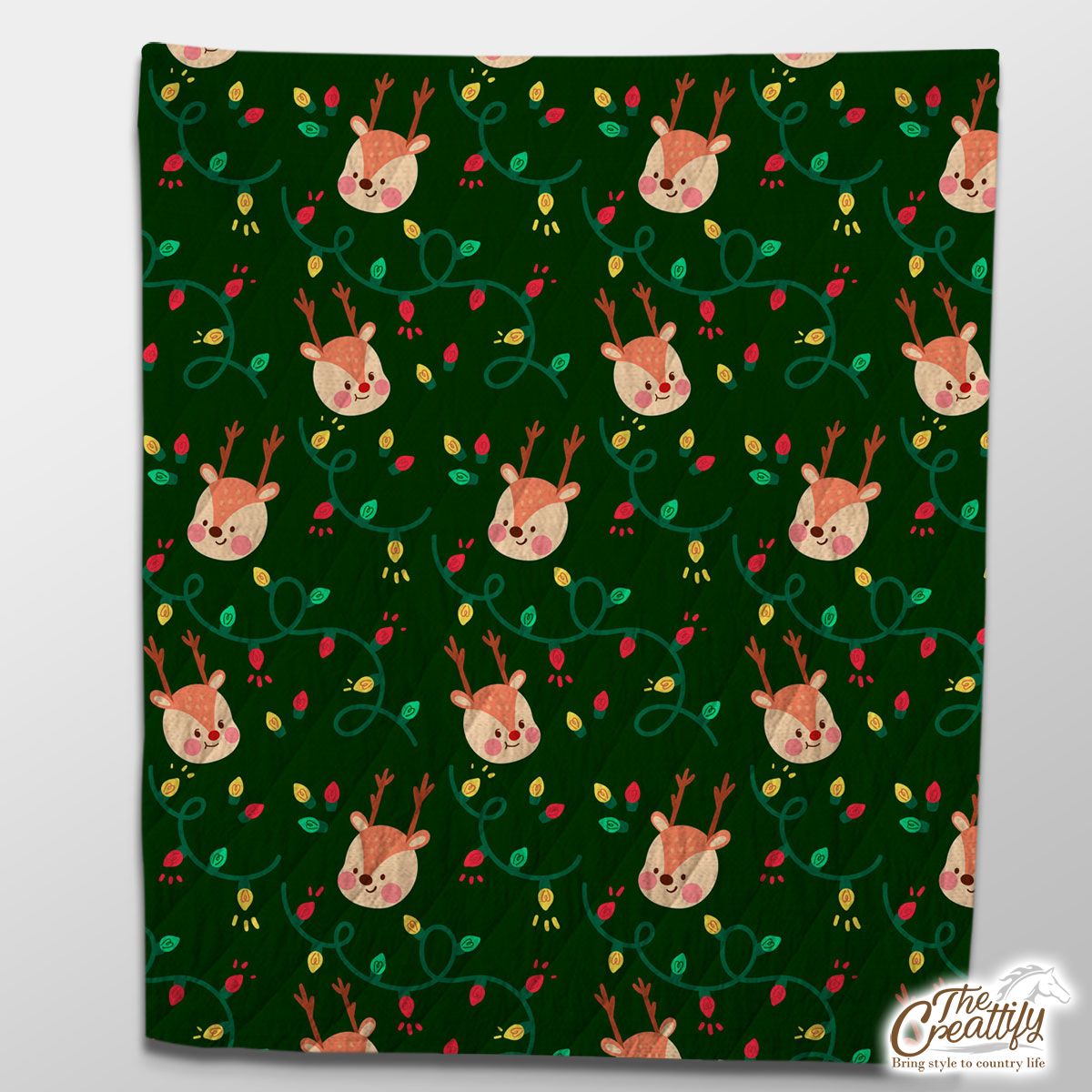 Reindeer With Christmas Light On Green Background Quilt