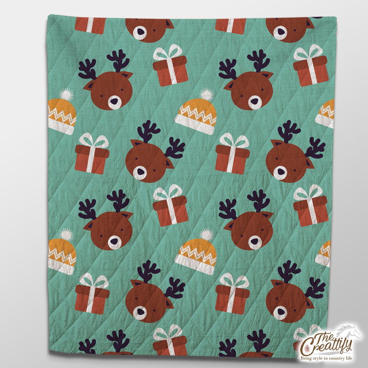 Reindeer, Christmas Gift On Blue Background Quilt