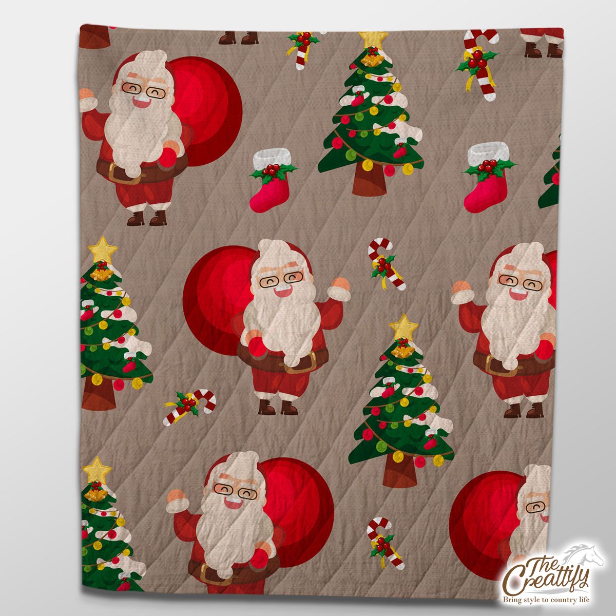 Santa Clause, Chritmas Tree, Candy Cane On Brown Background Quilt